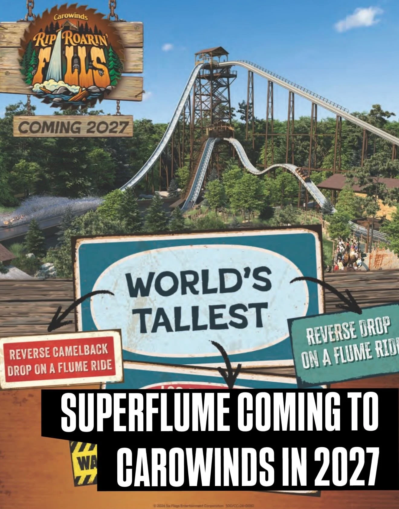 🚨 RIP ROARIN&rsquo; FALLS IS COMING TO CAROWINDS 🚨 one of the tallest log flumes in the world will open in 2027 featuring a massive 100ft drop, a reverse section with camelback drop, and immersive theming throughout as guests traverse an abandoned 