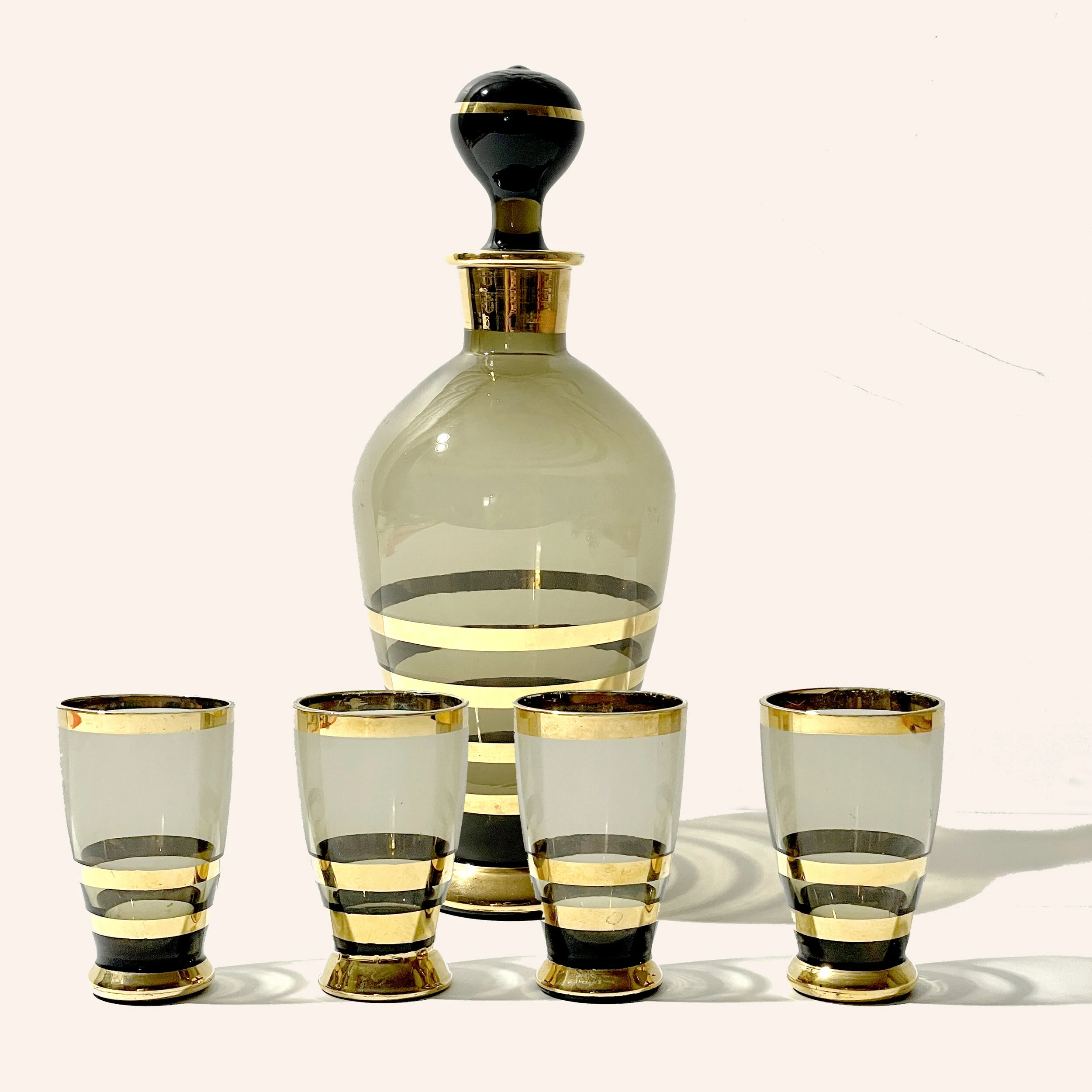 MCM BoHo Smoke Glass Gold Stripe Decanter with 4 Glasses