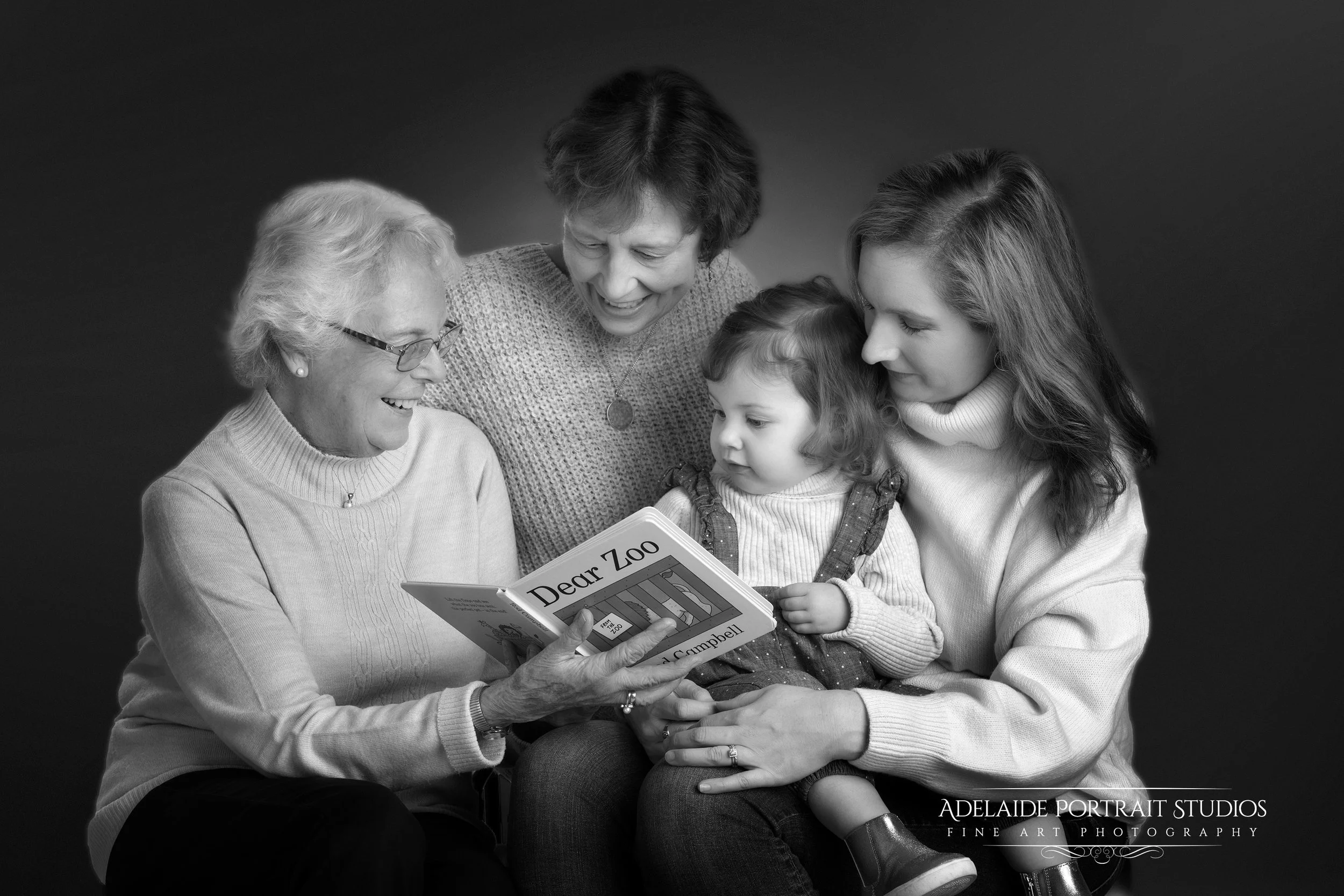 Four generations BW portrait by Adelaide Portrait Studios