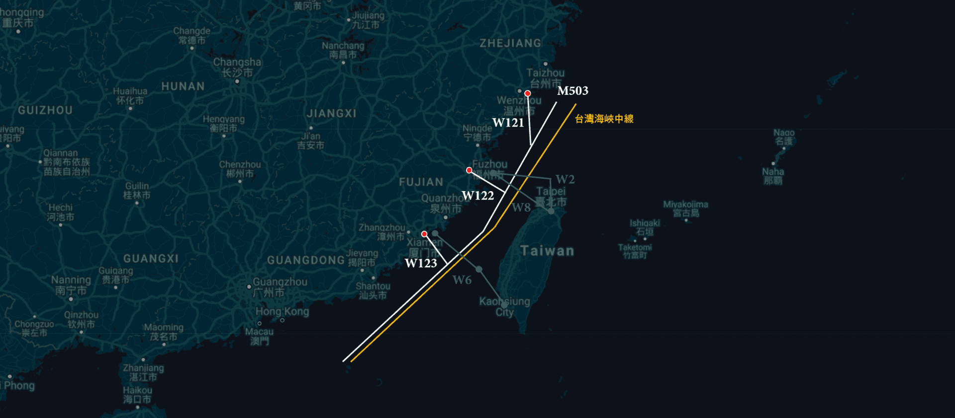 中國片面開通4條航線,緊逼台灣防空識別區。圖片來源:Flight Radar24