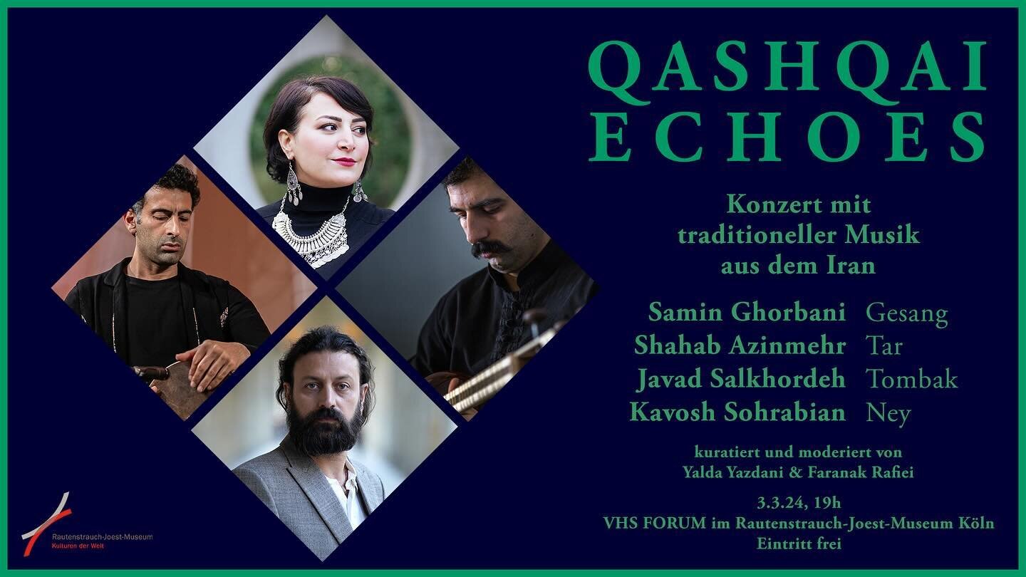 &bull;
Qashqai Echoes
Konzert mit traditioneller Musik aus dem Iran
Mit @samin_ghorbanii (Gesang), @shahabazinmehr (Tar), Jawad Salkhordeh (Tombak), @kavosh.sohrabian (Ney)
Kuratiert und moderiert von @yalda.yazdani &amp; @faranakrafiei 
 
3.3.24, 19