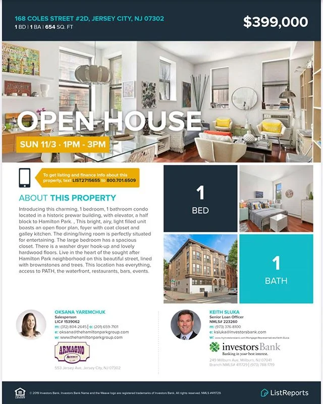 Open House 🏘 
Sunday 11.03.2019 🕰 1-3 PM. 📍168 Coles Street,  Jersey City,  NJ 07302 
Asking Price: $399,000
#hamiltonpark #historicdowntownjc #jerseycity #realestate #openhouse #openhousejc @oksana_storm @joankoehler553 @phil_rivo @armagnoagency 