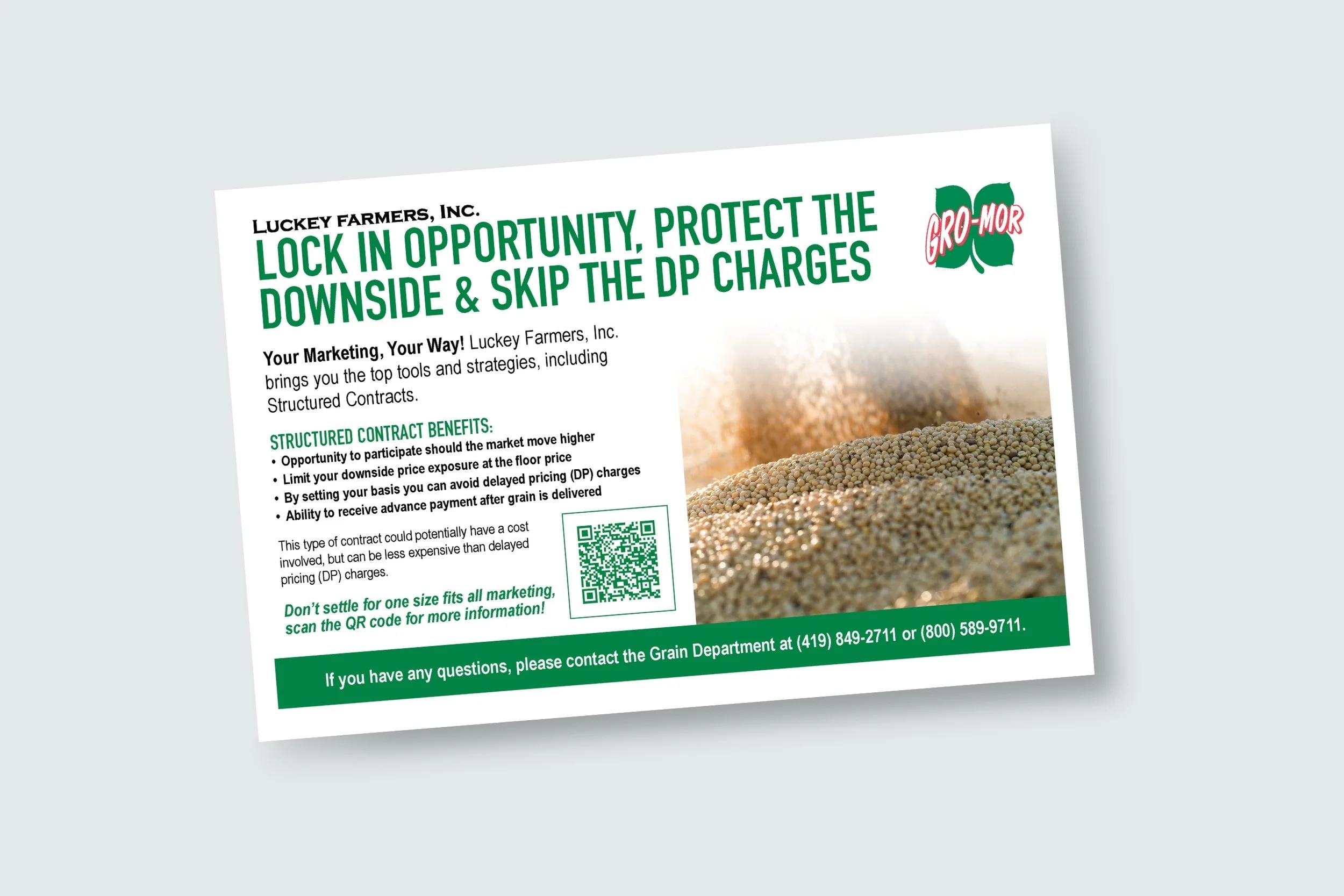  A grain marketing card that describes the different grain marketing options Luckey Farmers offers to customers. These cards are displayed at each grain office.  