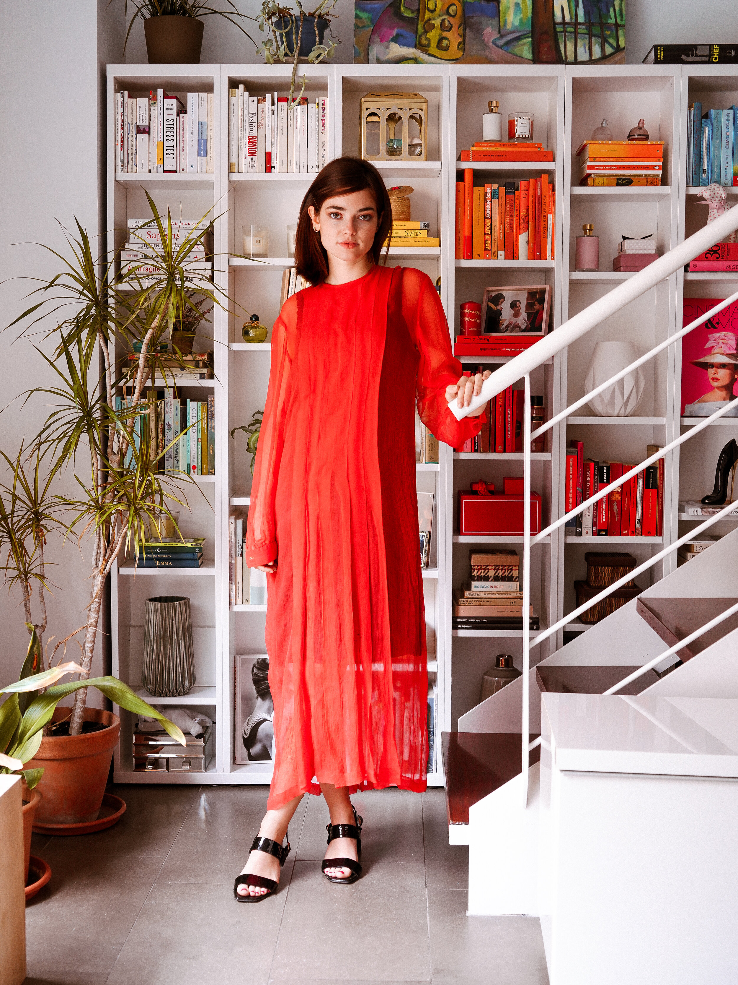 70's red pleated tunic in sheer natural silk chiffon, Size M