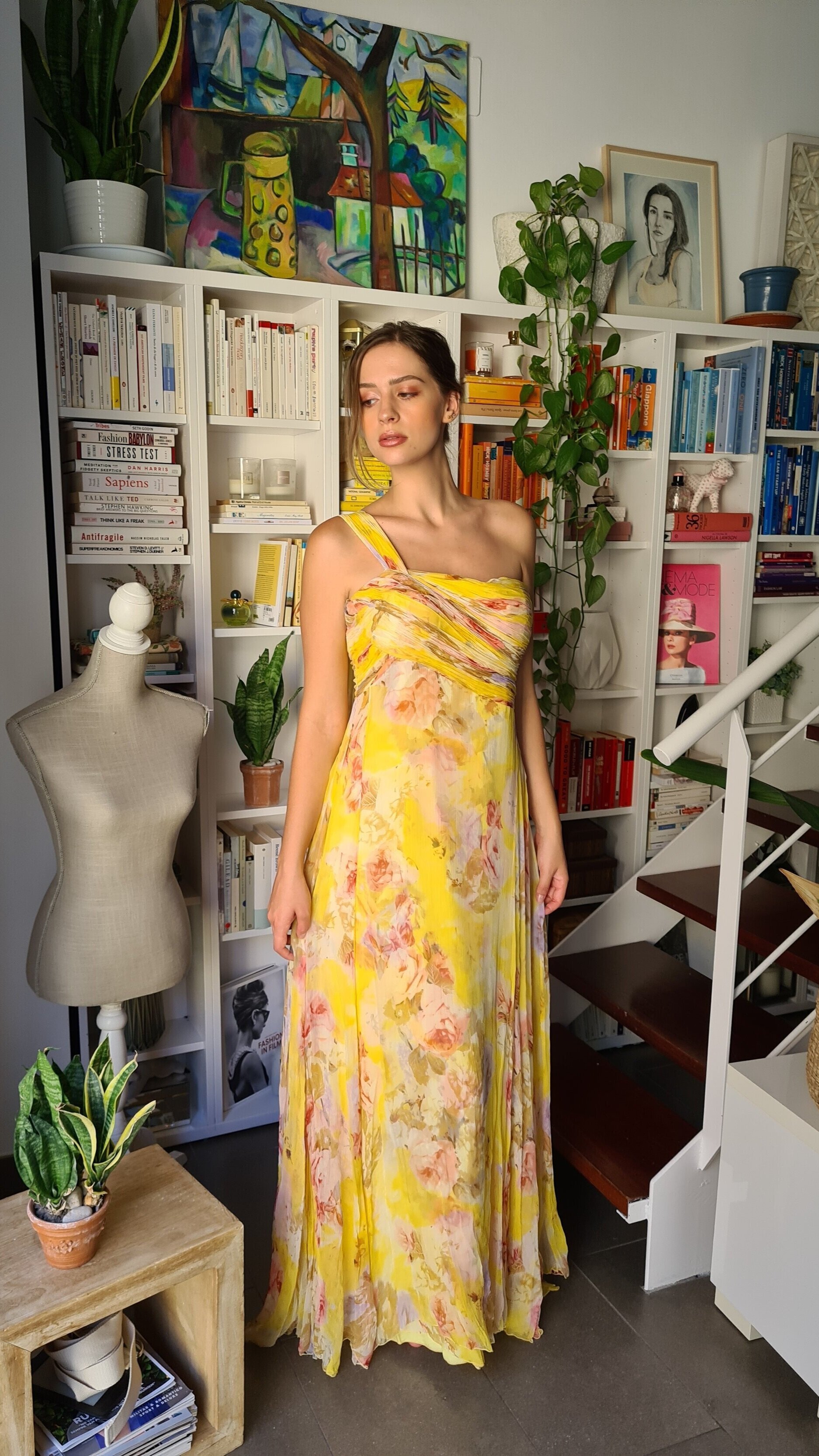 2000's Pronovias yellow floral silk dress and matching scarf, Spanish Size 46