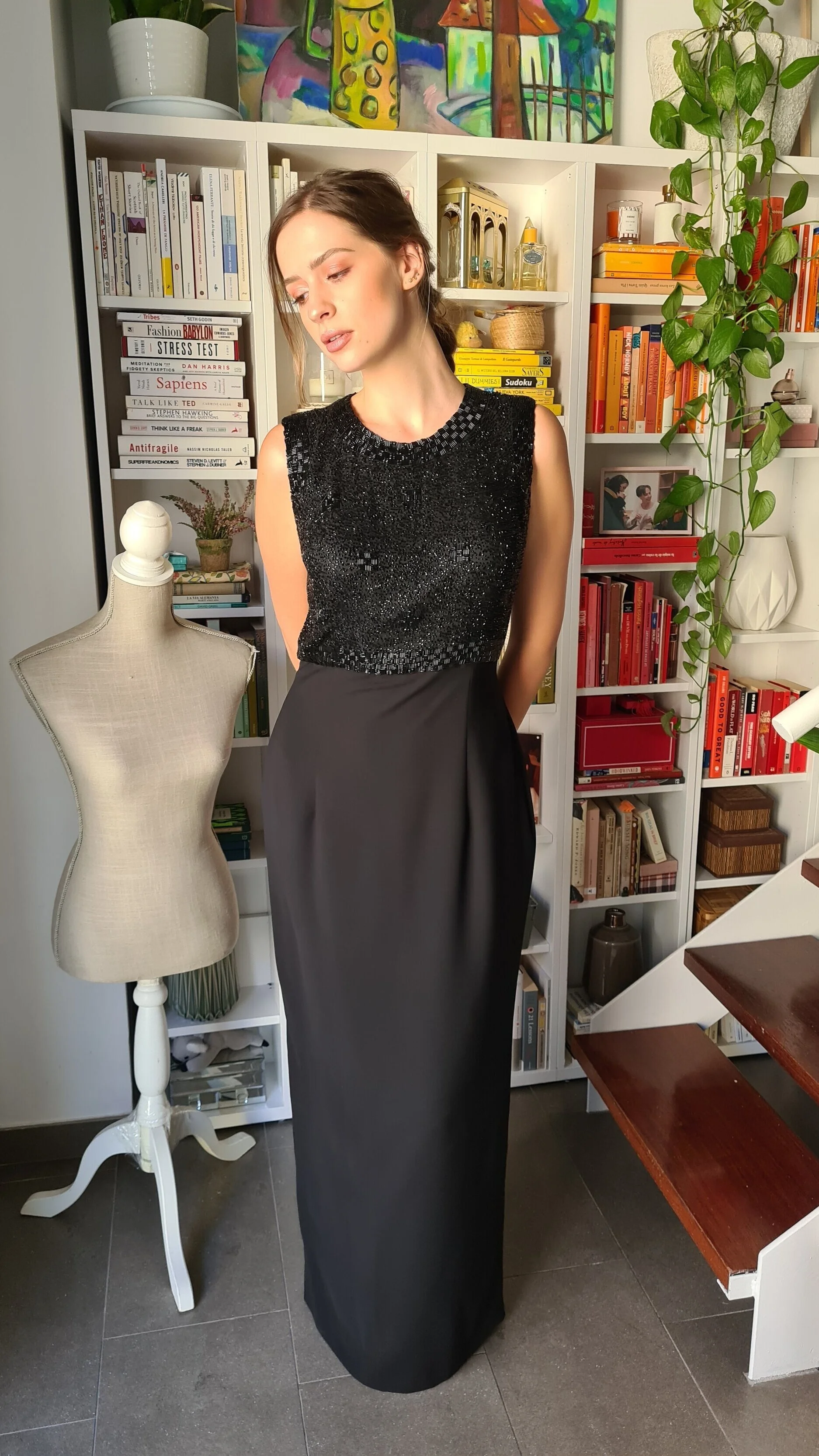 90’s black sleeveless dress by Pronovias and matching scarf, Size M/L