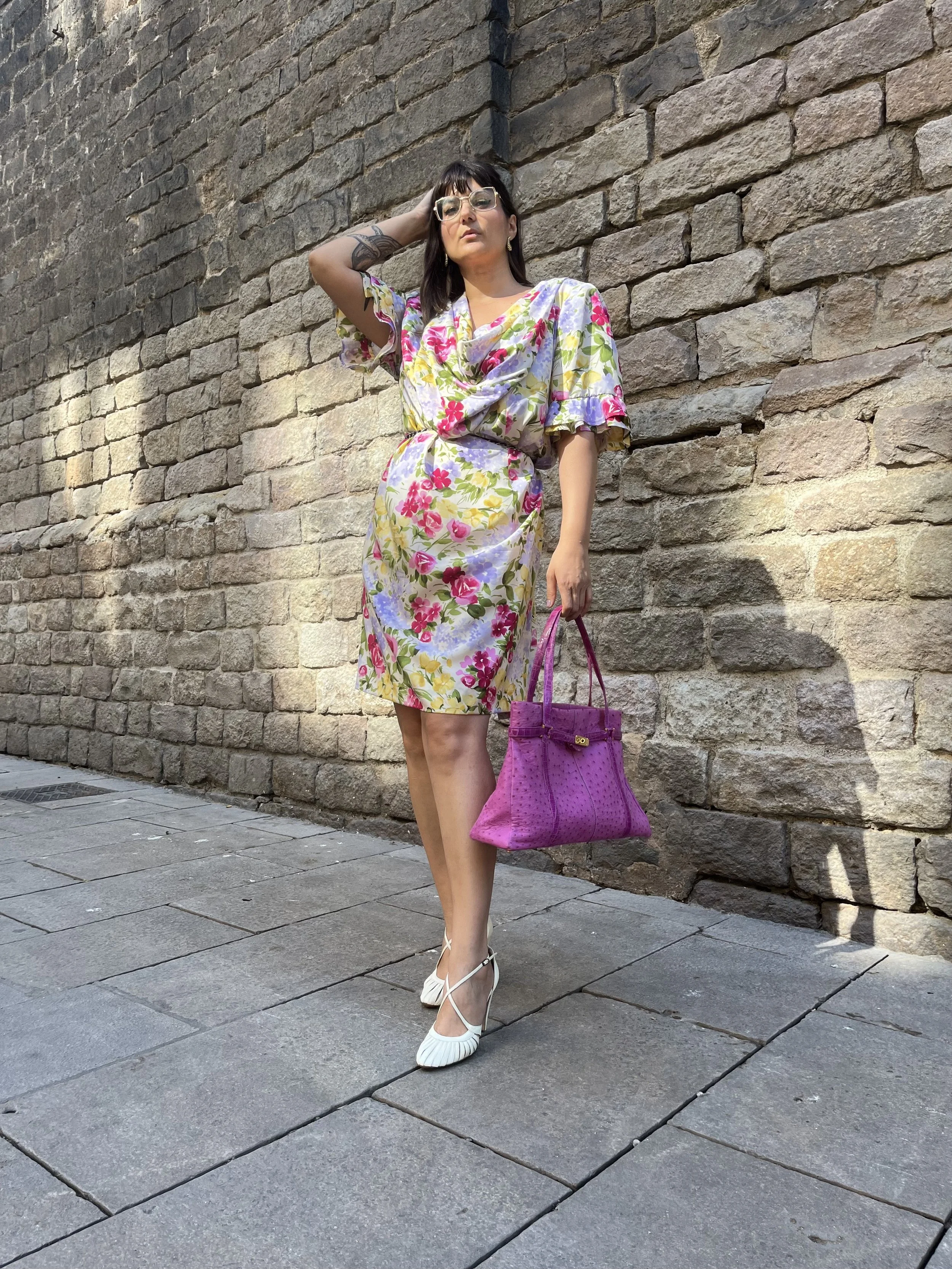 80´s Floral Satin dress with draped neck, Size XL