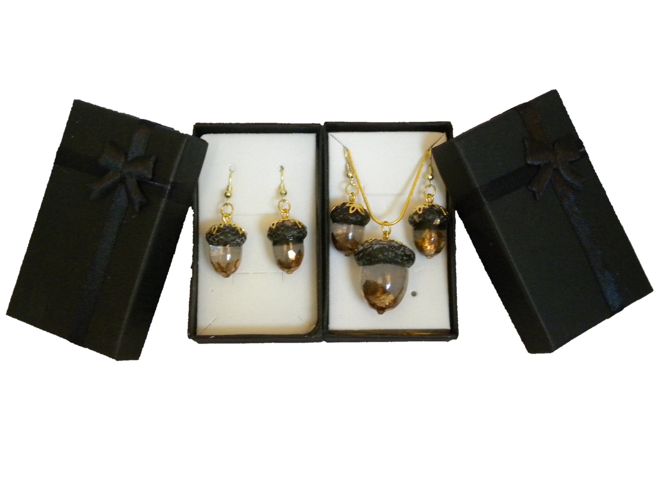 Beautiful gold mica acorn resin pendant and earring set / earrings