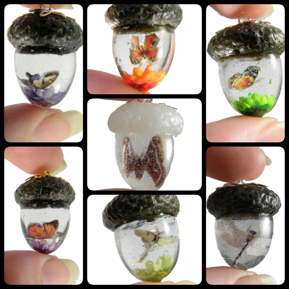 Beautiful butterfly and flower acorn resin pendant