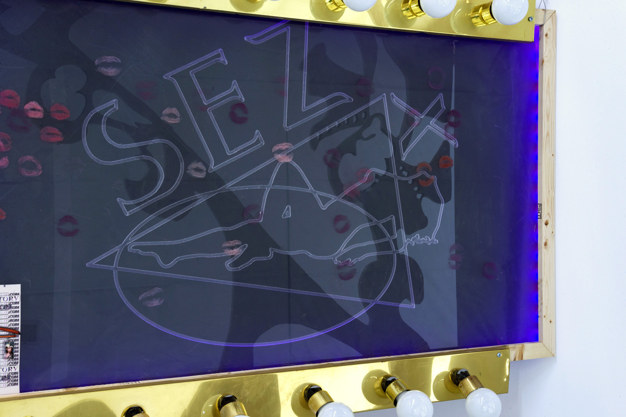 SEZ X 2, 2019 - Acrylic, LED lights, vanity lights, garbage bag, makeup