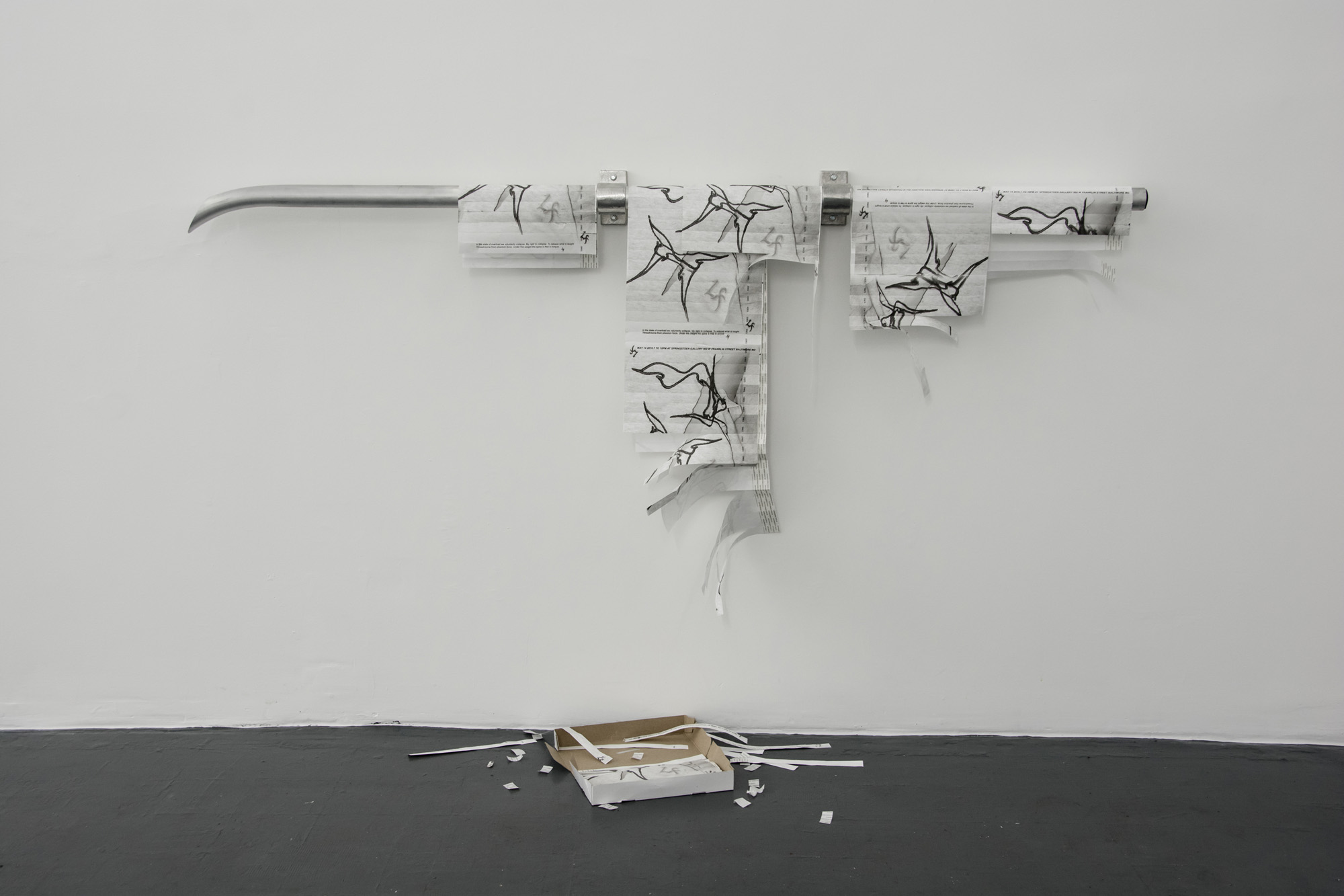 Laundered Fang (Entry Right), 2016, Aluminum rail, hydraulic pressure, inkjet printed Tyvek wrist bands, cardboard box