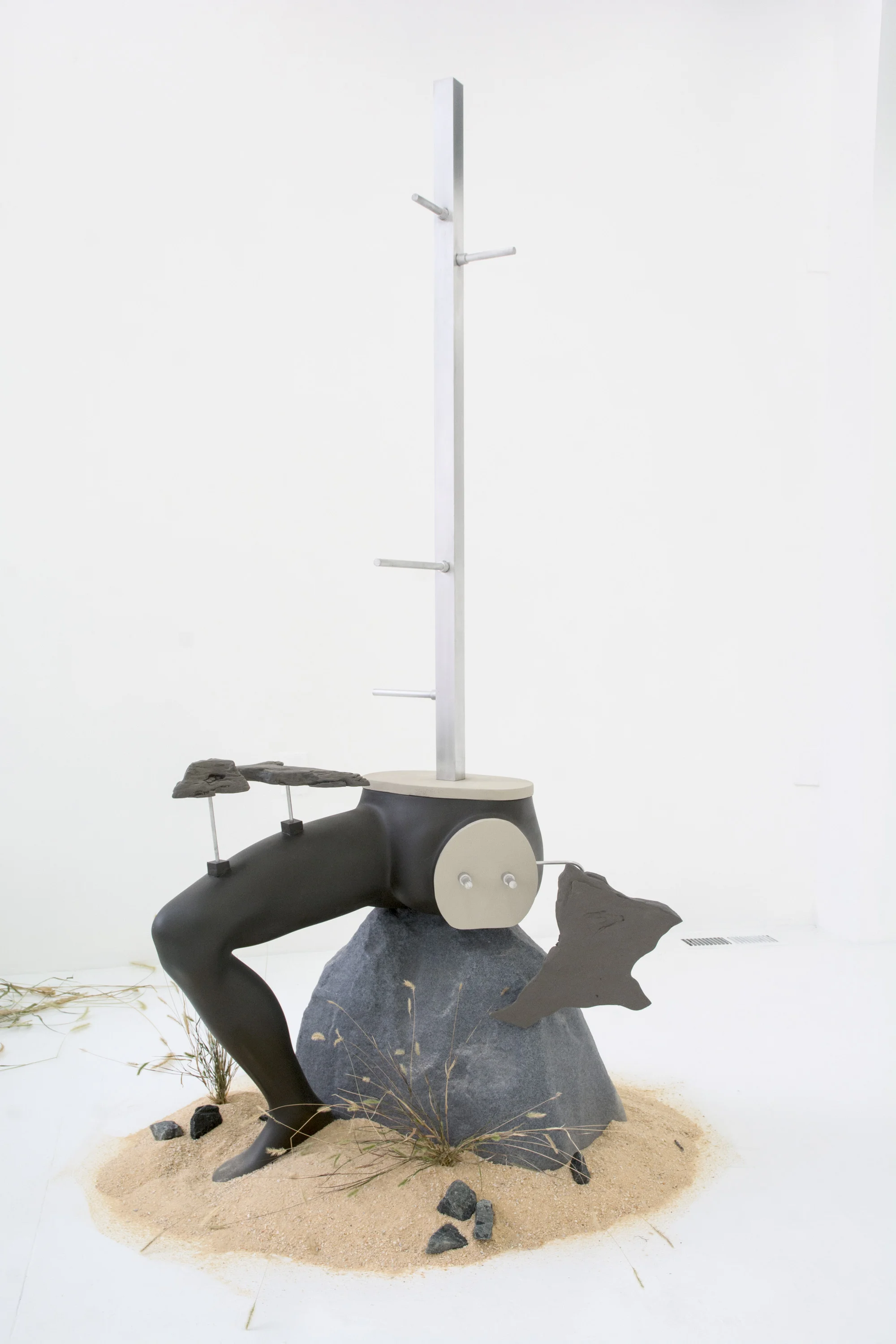 Against Use (Utility Landscape 1) , 2016, Mannequin, aluminum, plastic, enamel paint, foam, iron powder