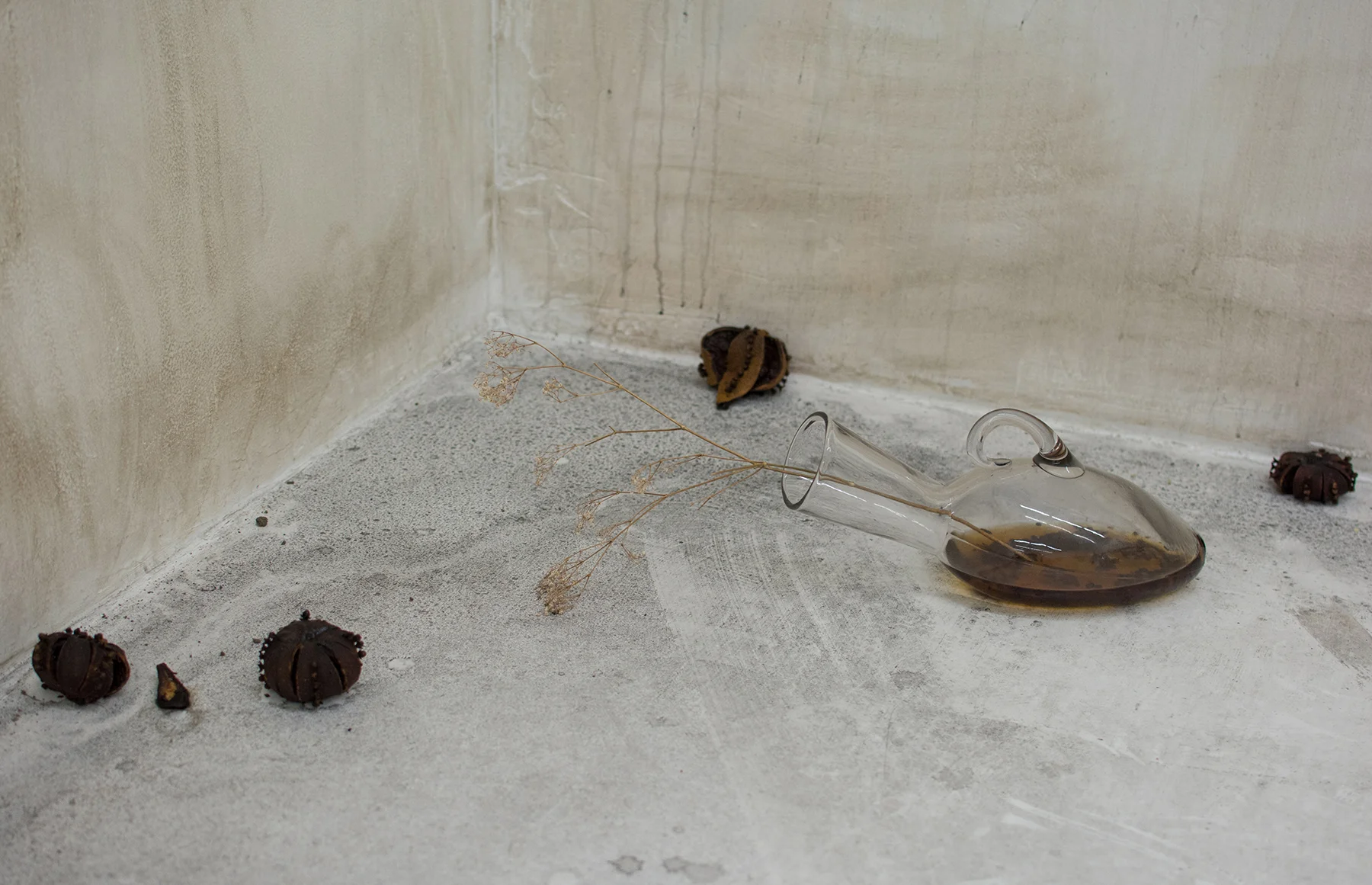 Planets , 2017, Oranges, mandarins, cloves (left, scattered) Urinal / Urine Sample Reed Diffuser Set, 2017, Glass urinal, white vinegar, black peppercorn, eucalyptus, lavender, star anise, rosemary oil, wormwood oil, garlic oil, clove oil (right)