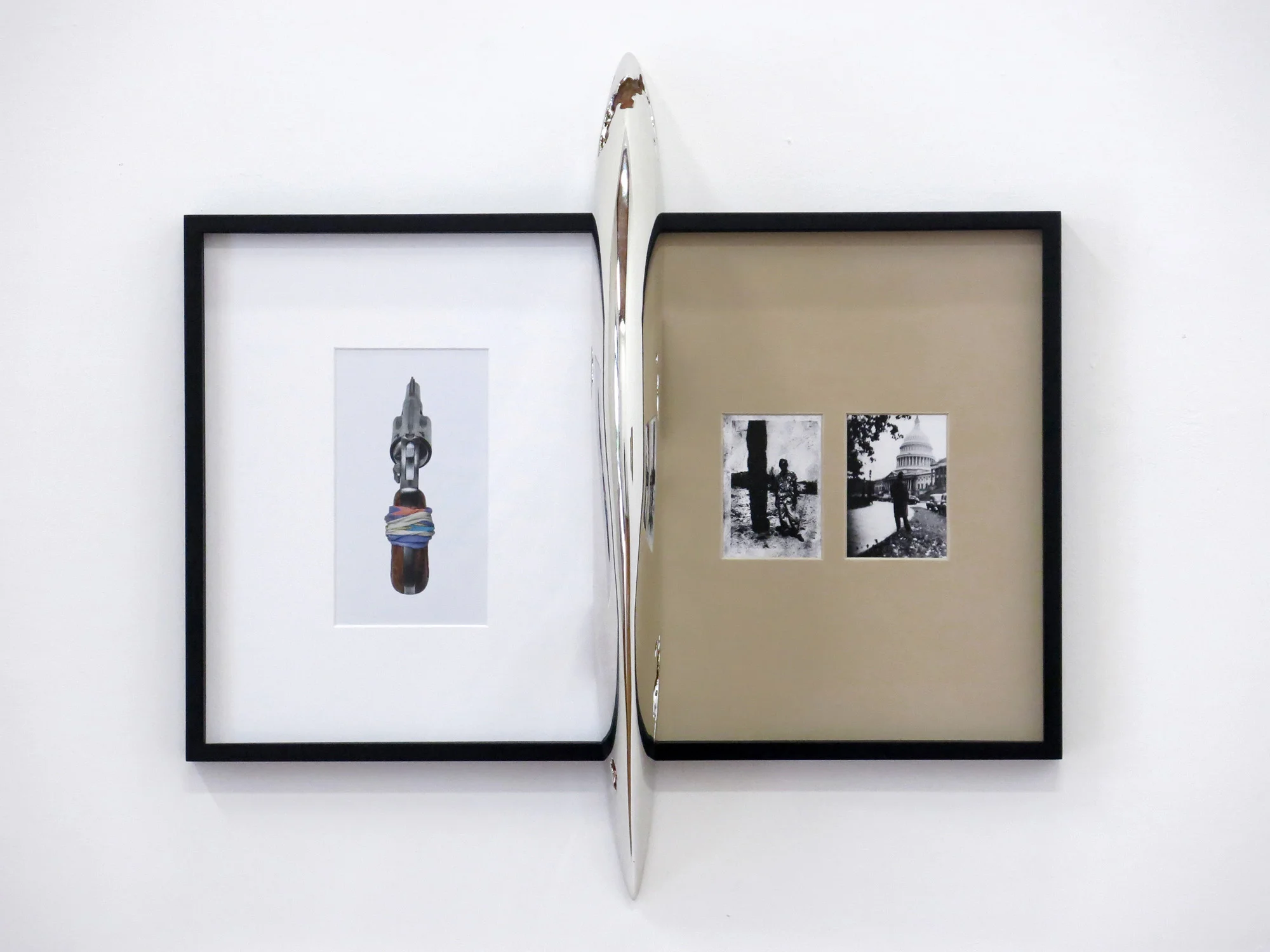 ALEX ITO Possession (passive aggressor), 2018, Chromed resin, HDU foam, oxidized iron, archival inkjet print, mat board and wood frame
