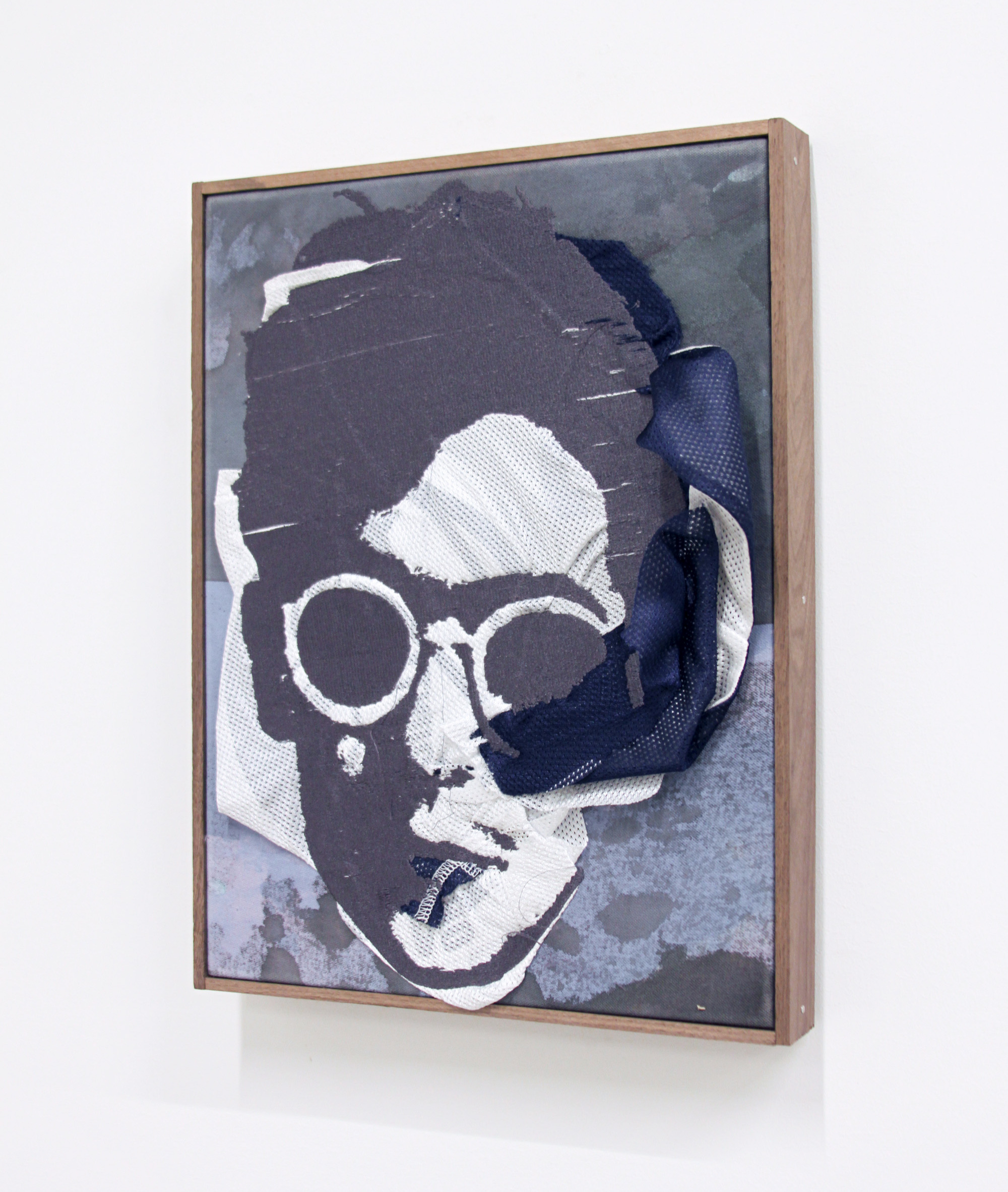 BRENDAN FOWLER JD , 2016, Embroidery on found fabric, acrylic, canvas, artist frame