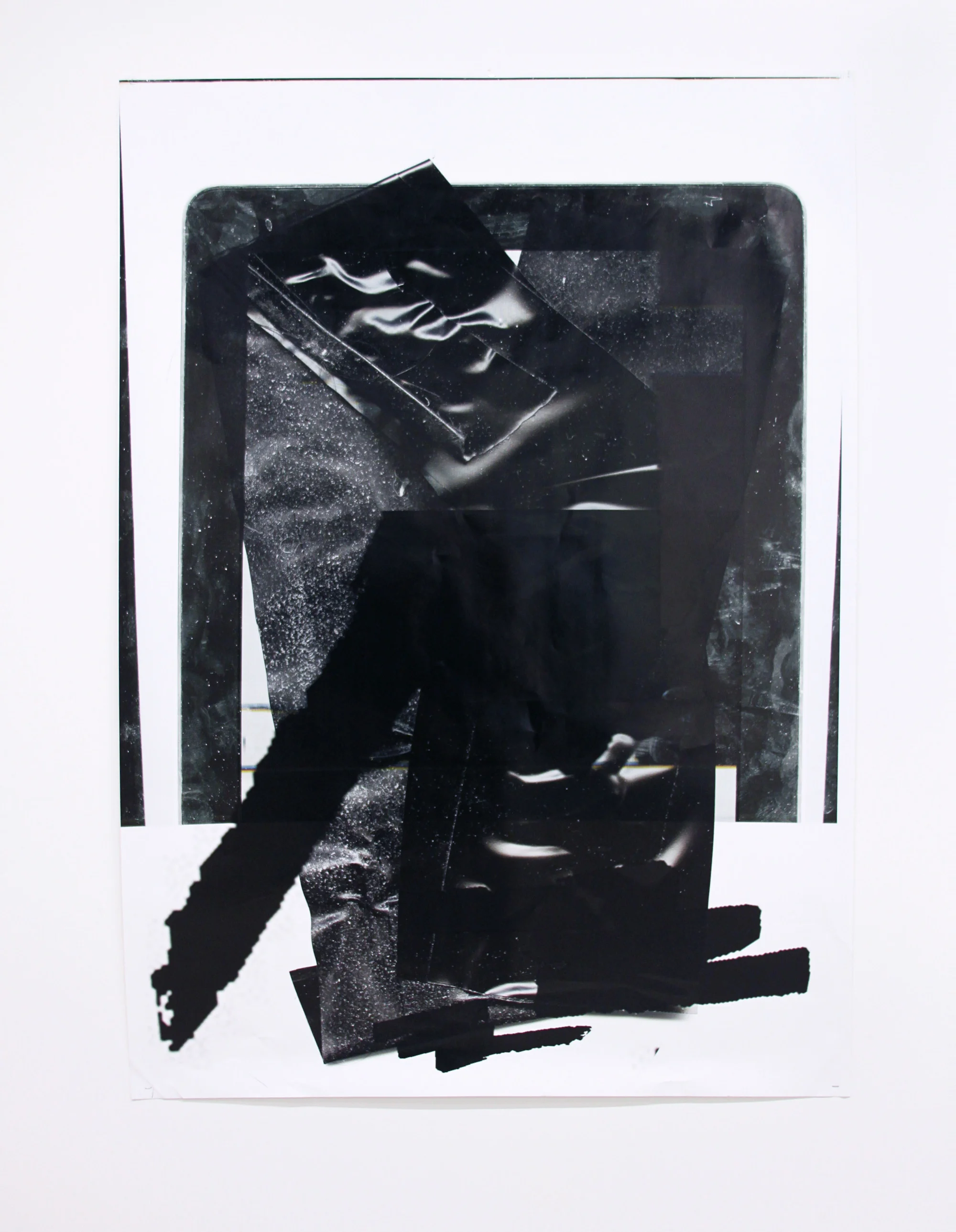 ANDREA LONGACRE-WHITE Tech body paint fetish , 2014, Archival inkjet print, used restrain tape, iPad, epson logo paint gesture, staples