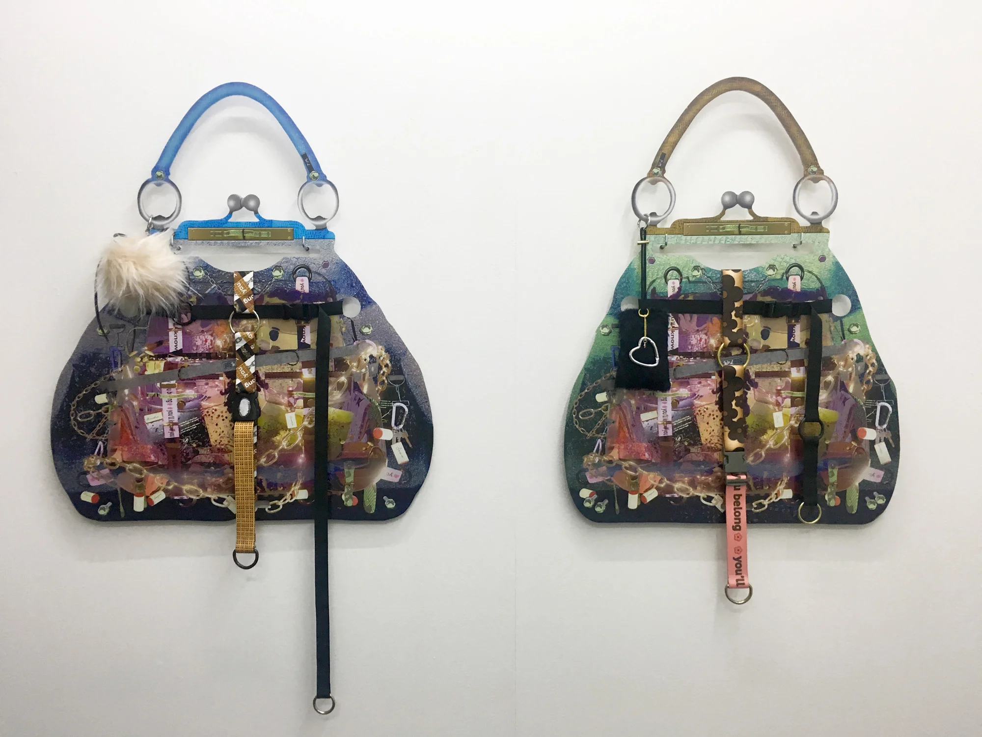 WICKERHAM & LOMAX The Ginevra, 2017, Laser print on cast acrylic, nylon webbing, fur, powder coated hardware (left) WICKERHAM & LOMAX The Deana, 2017, Laser print on cast acrylic, nylon webbing, fur, powder coated hardware (right)