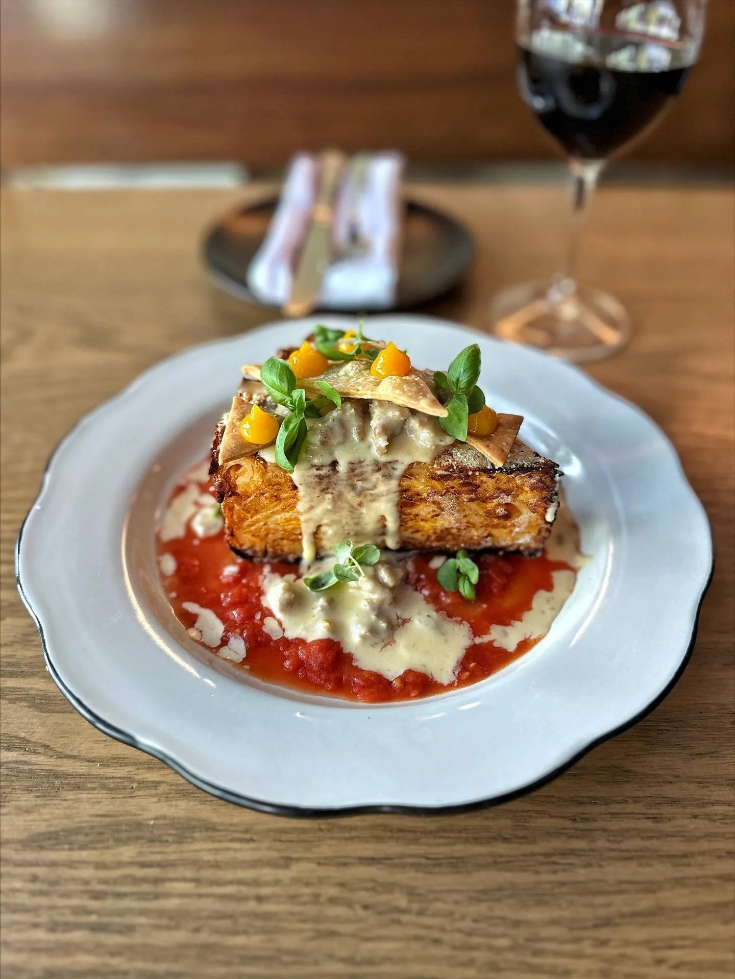 Grana Padano &amp; Ros&eacute; Pasta &ldquo;Press&eacute;,&rdquo; Bechamel, Italian Sausage, Crushed Tomato, Semolina Crisp, Egg Yolk Gel&eacute;e, Micro Basil

💥🌿 🍝🥫🧀🍖✨🍽️🏆

Timpano Alla &ldquo;P&amp;B&rdquo; for this years @pastalafeasta @pa