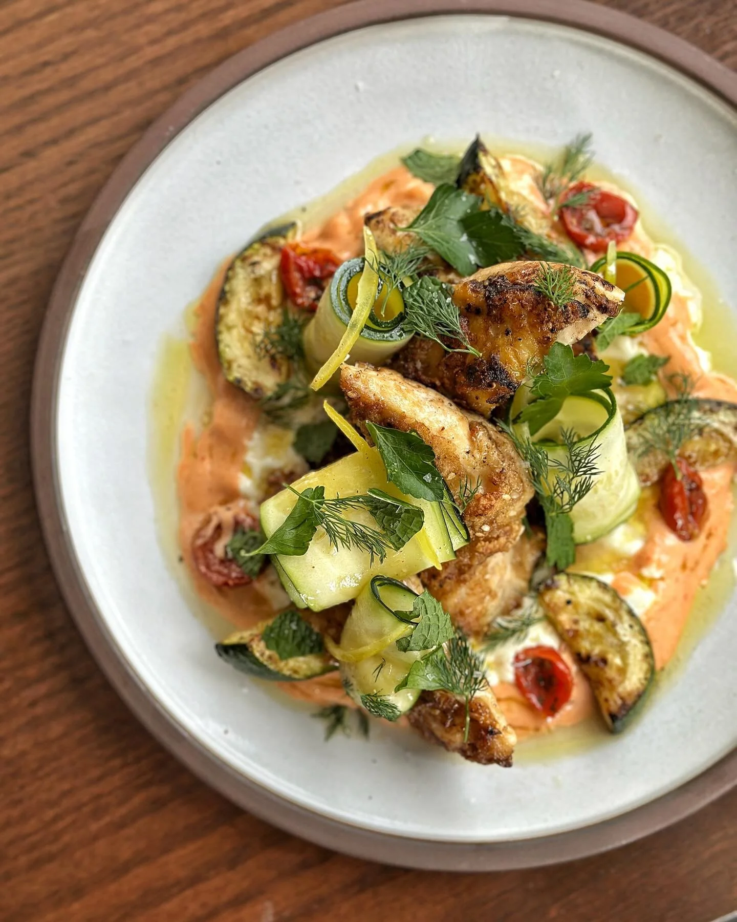 Brined, Spiced Crusted Double Chicken Breast, Whipped Feta, Semi-Dried Tomato, Zucchini 2-Ways; Roasted &amp; Preserved Lemon Salad, Harissa Vinaigrette, Extra Virgin Olive Oil and Fresh Herbs

✨🌱🐔🧨🧄⚔️🌶️🍋🍽️

@patandbettys