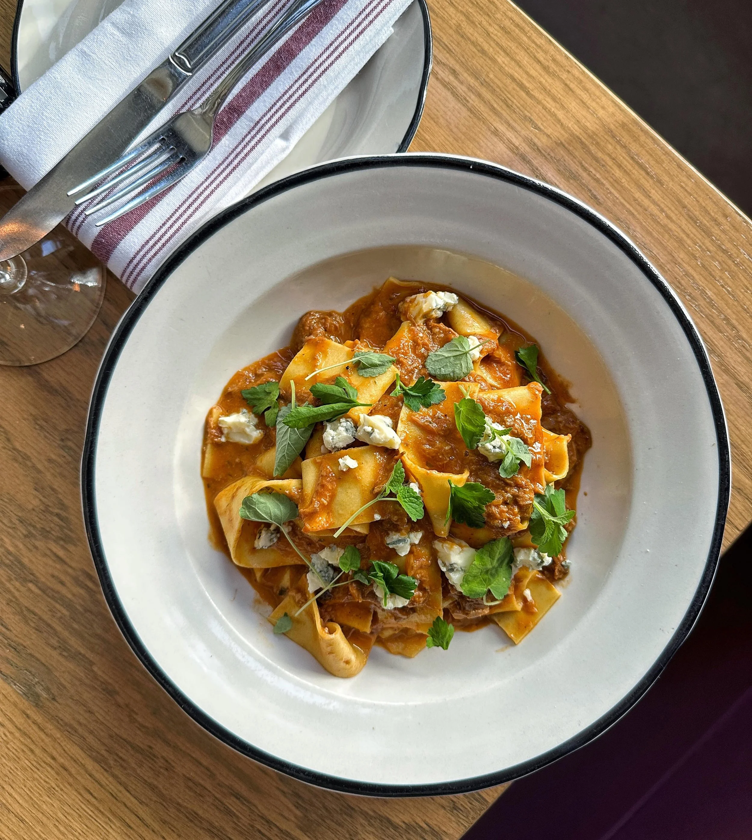 Braised Harissa Lamb Shoulder, Shallot Butter, Demi Glac&eacute;, Pomodoro, Hand Cut Egg Yolk Pappardelle, Gorgonzola Dolce, Fresh Mint and Anise

🔐🐑✨🍃🍷🤝🌶️📩🍝

@pastalamano x @patandbettys 

Pasta Club, April 2026