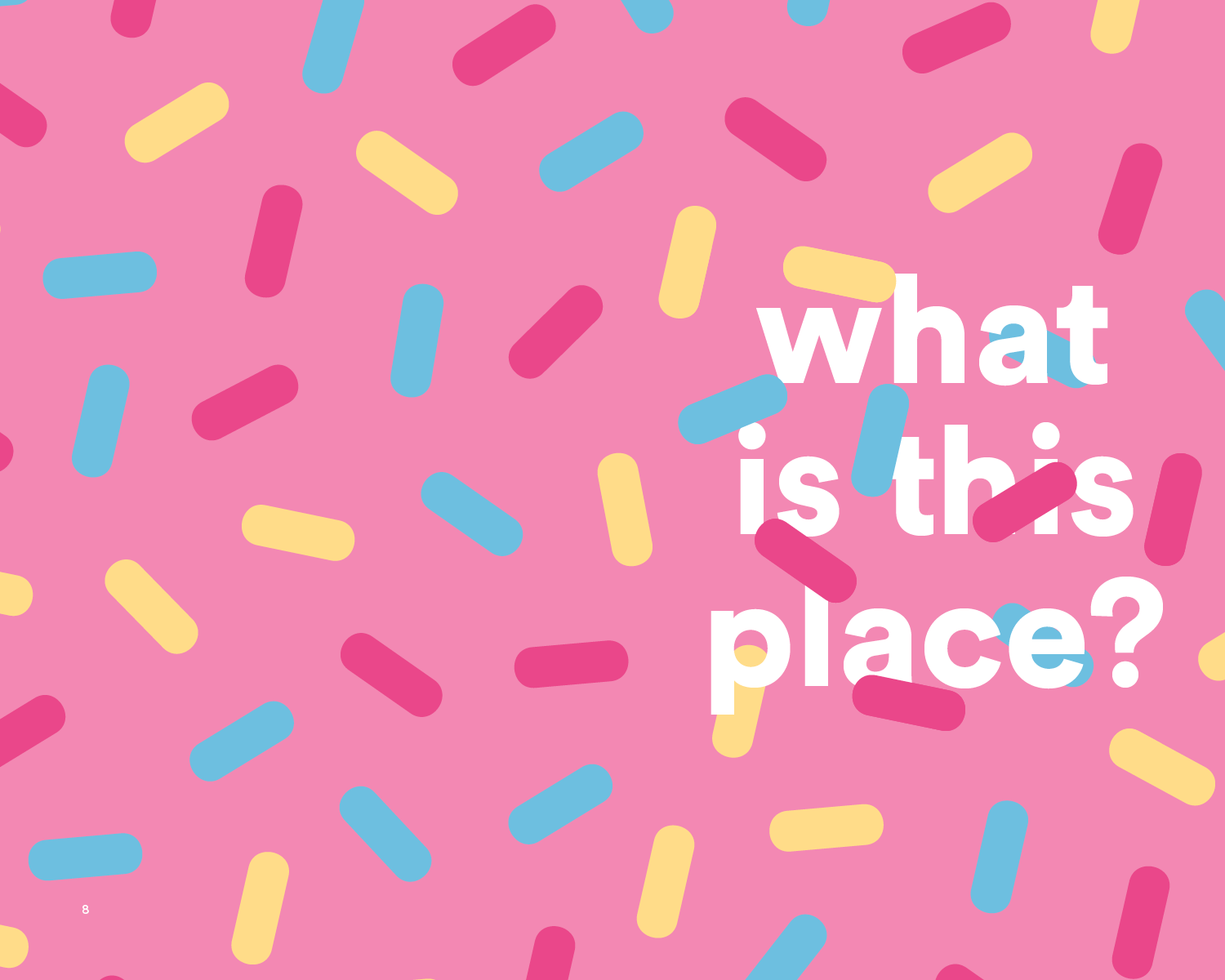  Section spreads like these were used to split the book up into three parts: information, reception and impact, and reviews. Each one was themed after a delicious ice cream part! 