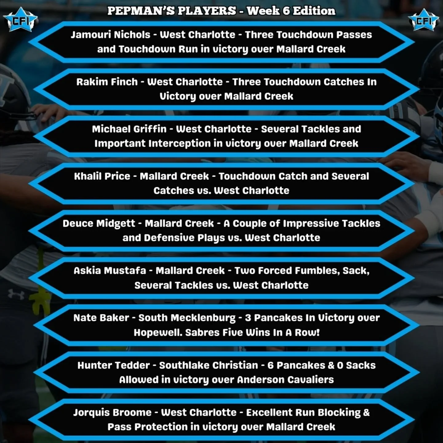 Week 6 Pepman's Players! Congrats to all players selected this week! Make sure to send stats/film to us if you have a big game on Friday Night for consideration!