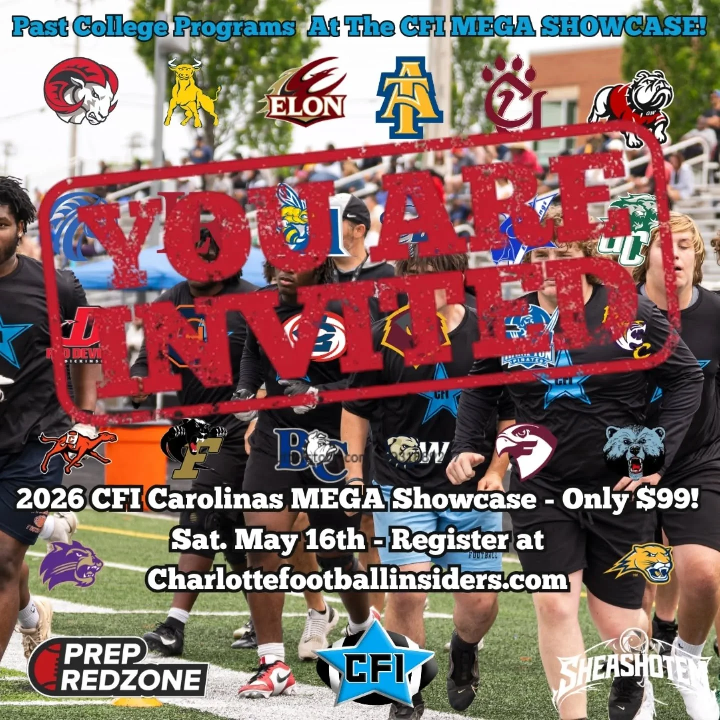 INVITES have been going out for our upcoming CFI Carolinas MEGA Showcase on Saturday May 16th! Invites come with a discounted price, and the graphic you can share to show we think you are a LEGIT college football prospect! DM us with any questions an