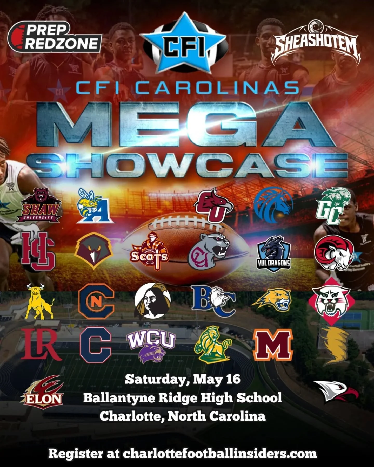 We are up to 25 colleges for the CFI Carolinas MEGA Showcase on Saturday May 16th at Ballantyne Ridge High School. We have space at linebacker and running back currently. Please register online, and DM us with any questions! 

 https://charlottefootb