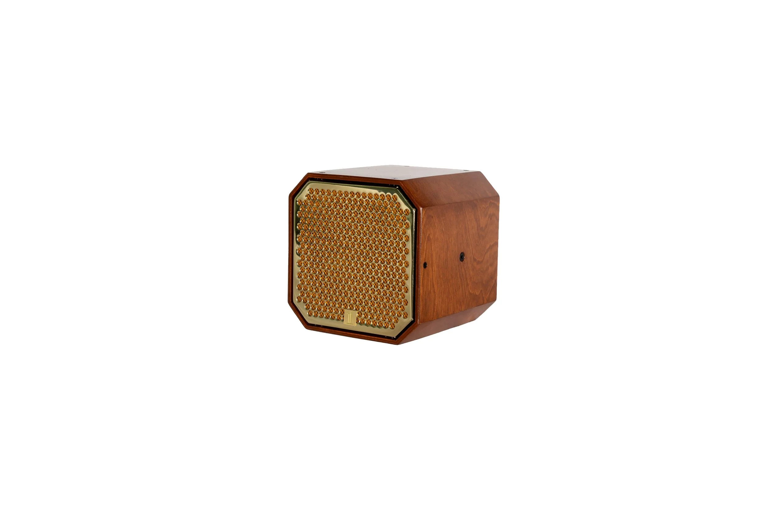 Mahogany Wood Finish, Brass Polished Grille, Gold Fabric