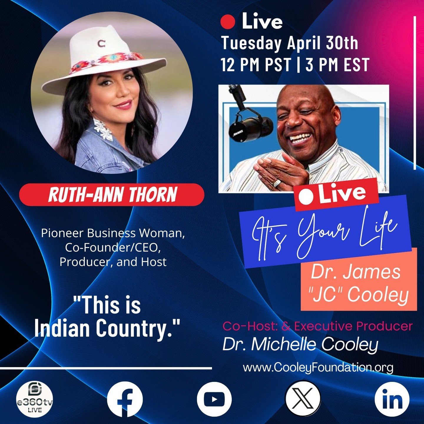 This week on It's Your Life with Dr. James JC Cooley, join us as we broadcast live on @e360tv, Roku, Amazon Fire TV, Android TV, YouTube LIVE, Rumble and Apple TV five days a week.
Live at 12 PM PST | 3 PM EST Monday - Friday.

Don't miss out on this