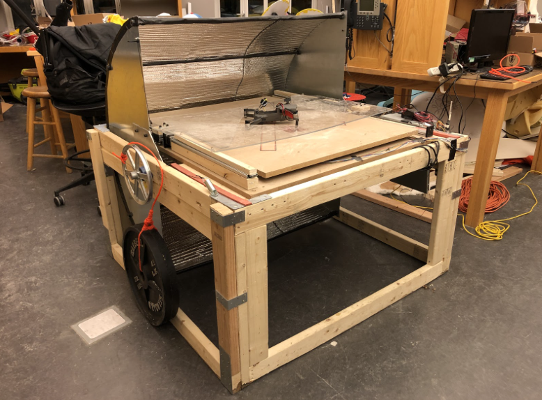 Drum is powered by a motor to rotate underneath the platform to completely reveal the drone. Drones are not capable of flying in and out of a box so a landing/launching platform clear of obstructions is required.