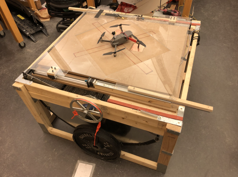 Two linear carriages powered by servos actuate the carefully designed centering geometry to return the drone to its original position.