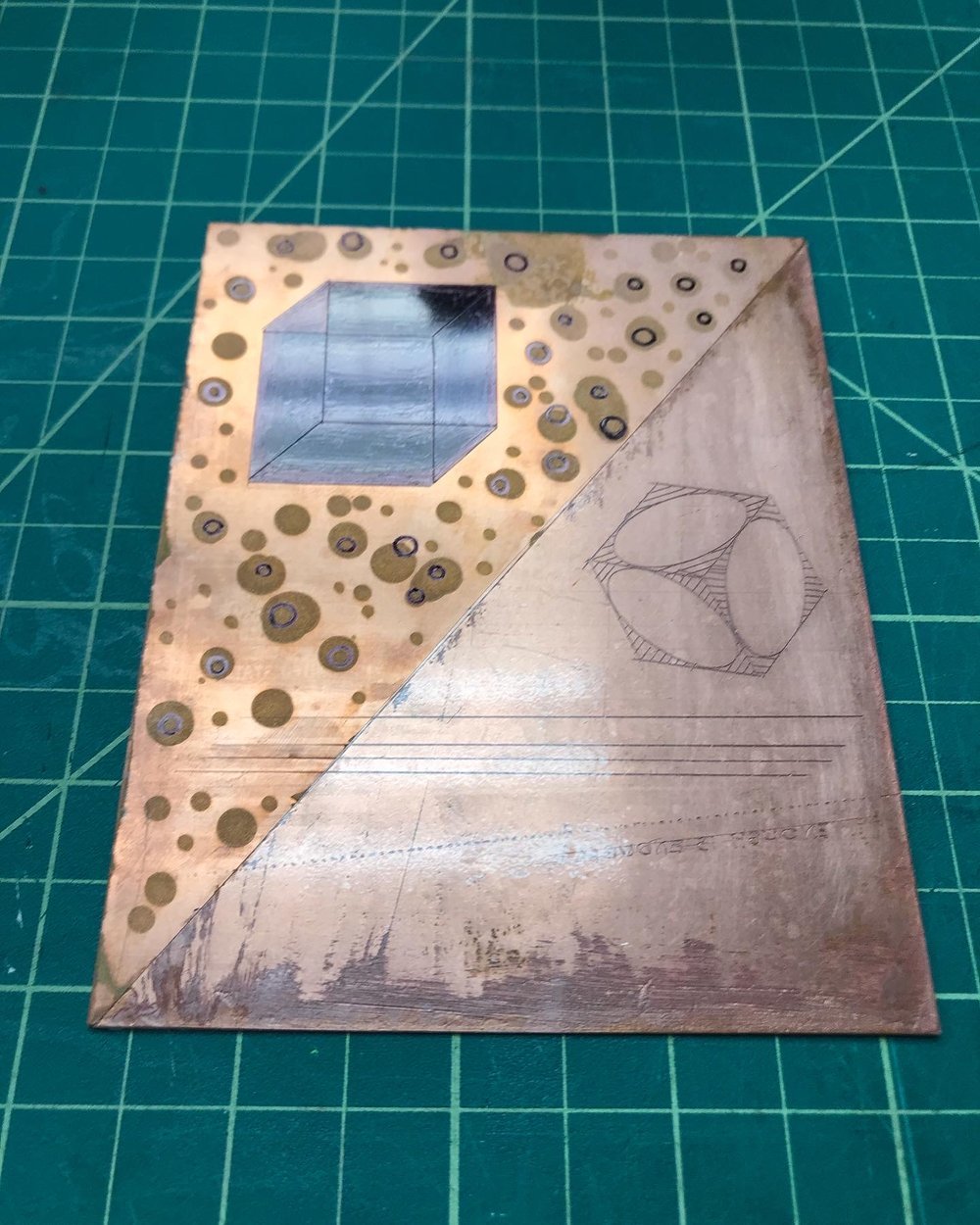  This is my first copper plate I used to sample different etching techniques. 