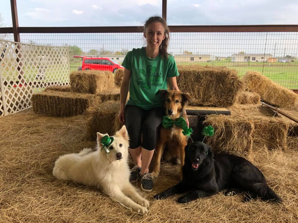  Kaitlyn, Aspen, Quiz, and Zelly pose during a St. Patrick’s Day Barn Hunt trial 2018 