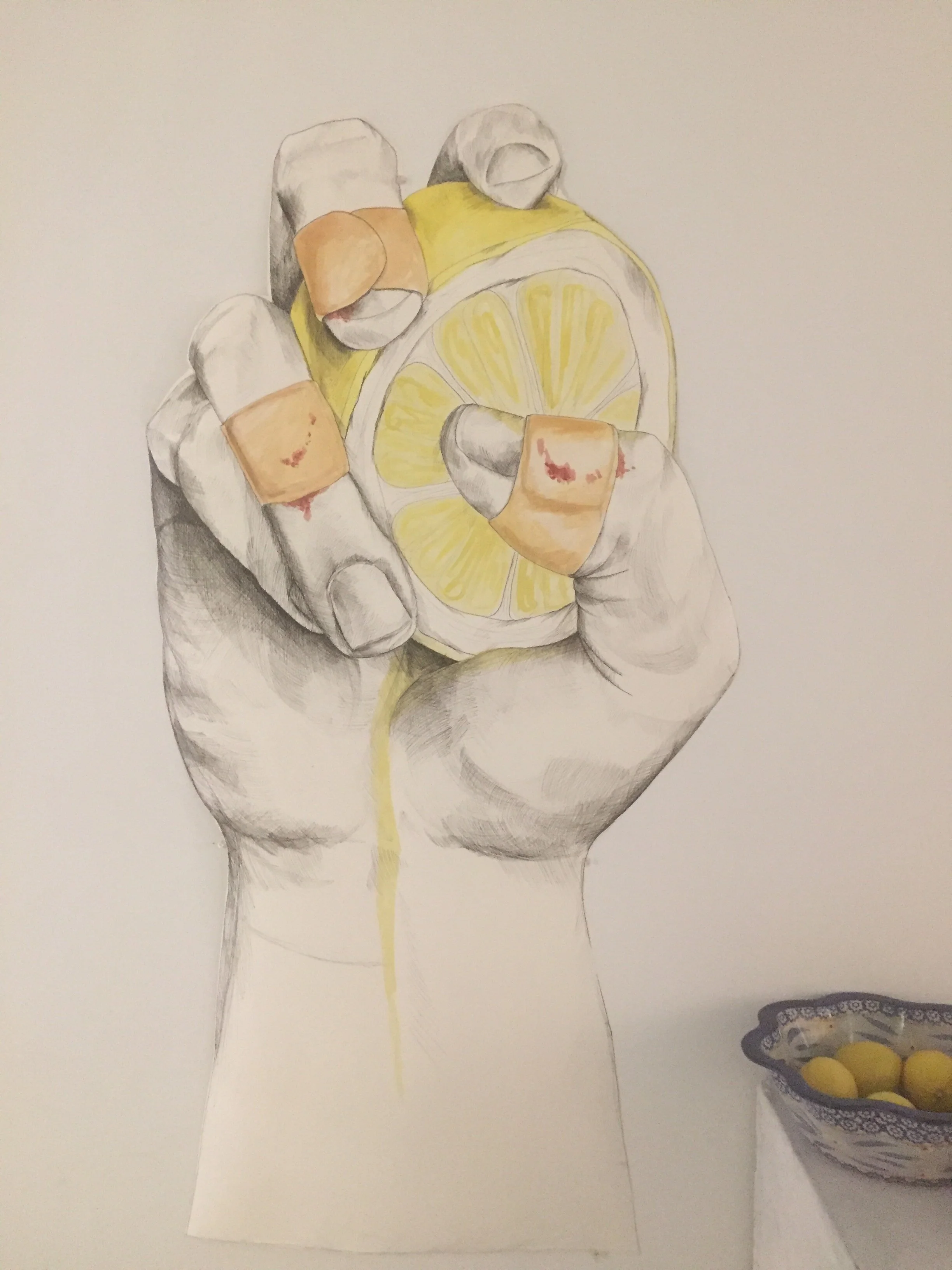 "I know I should let you go." 36” x 24” x 12”  Micron Pen and Watercolor on Paper, Lemons, Thread, Cloth, Knife, and Gifted Bowl  2018