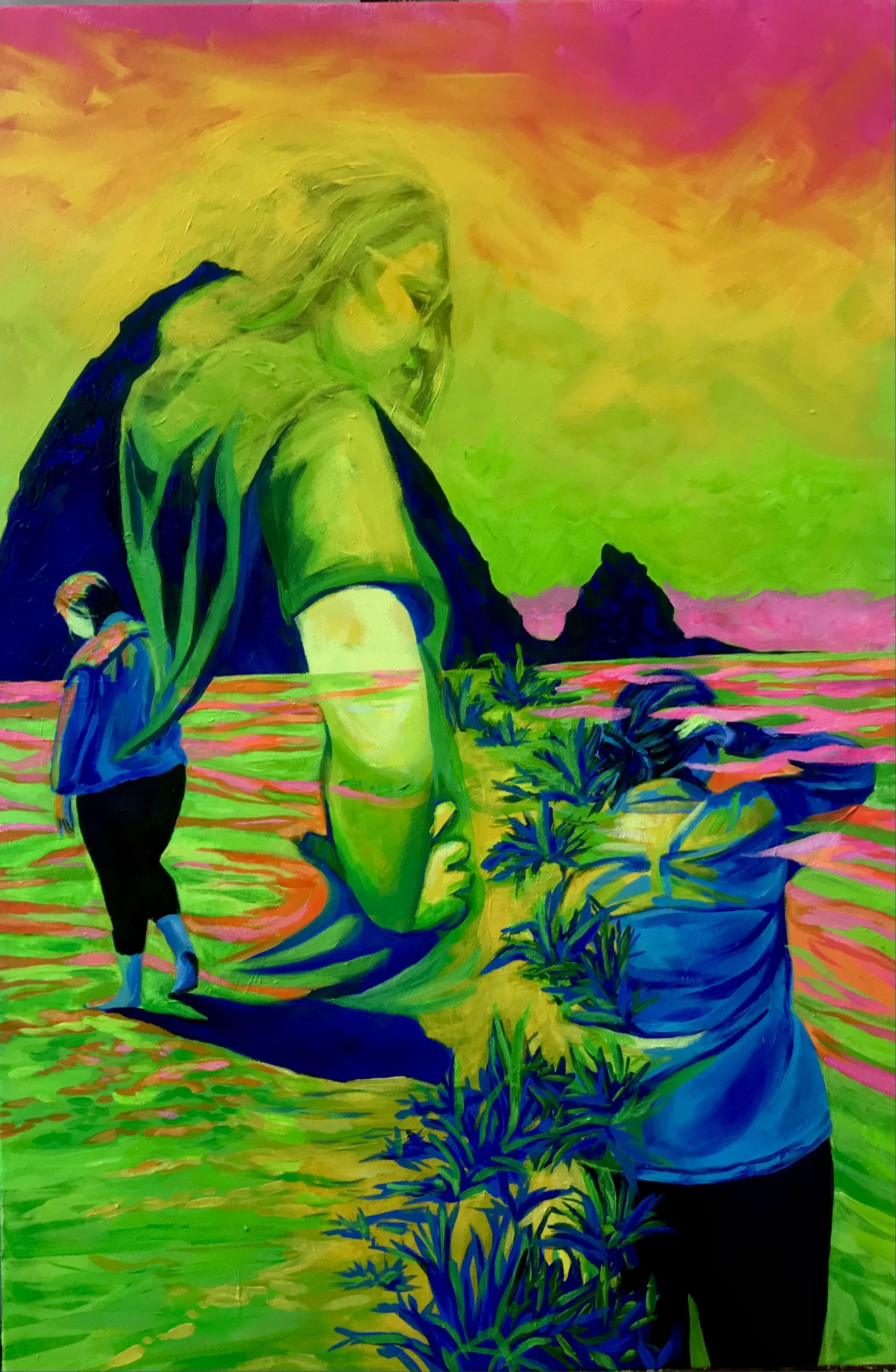 "One Foot In, One Foot Out" Acrylic on Canvas. 24" x 36" 2022. 