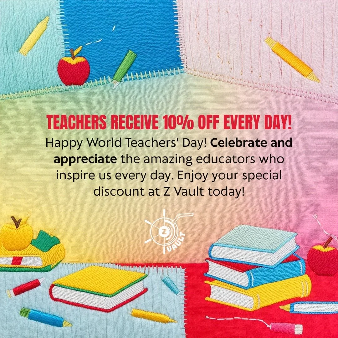 🍎📚 Happy World Teachers&rsquo; Day! 📚🍎

At Z Vault, we appreciate the hard work and dedication of teachers every single day. That&rsquo;s why teachers always get 10% OFF&mdash;not just today, but every day!

Stop by, treat yourself to coffee, gel