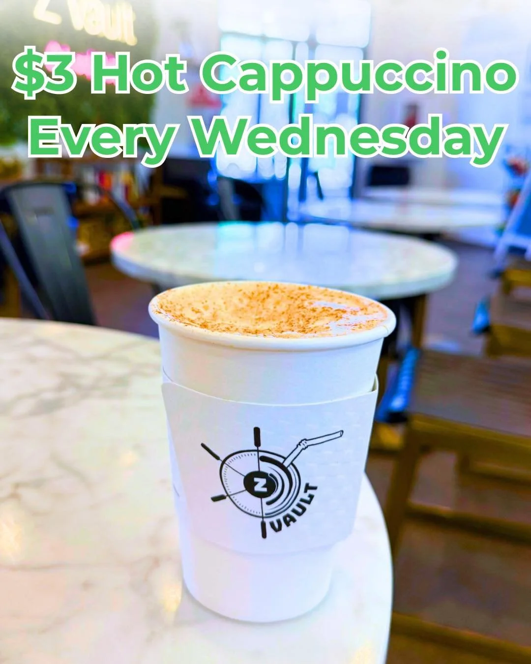 Your midweek pick-me-up just got better. $3 hot cappuccinos every Wednesday! 

Toppings or flavors can be added for an addition charge. Try it with cinnamon!