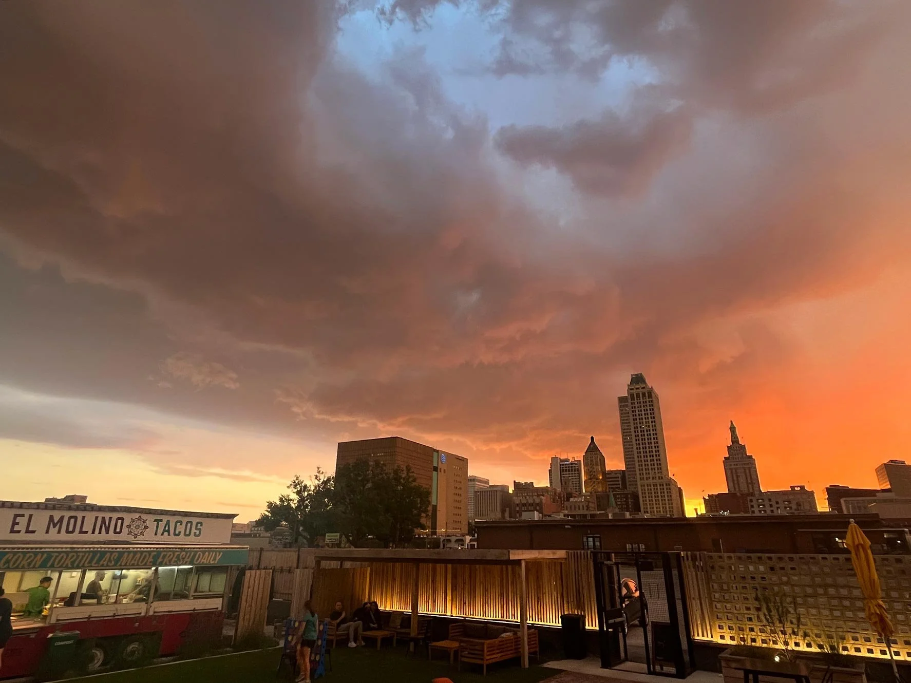 Tulsa skyline at sunset from the New Story Brewing patio
