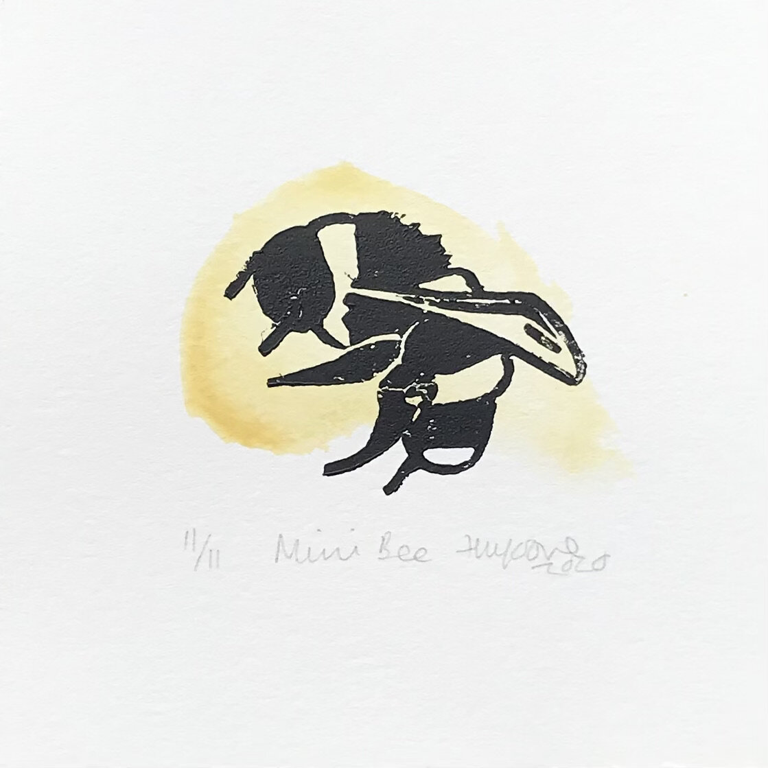 Miniature bee print - black ink on golden yellow watercolour (Copy)