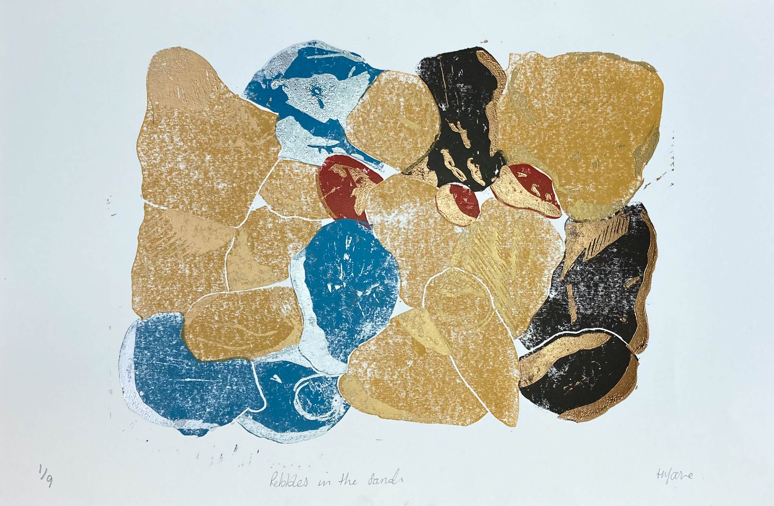 4 block reduction print of a collection of pebbles in blues, browns, golds and reds with metallic highlights (Copy)