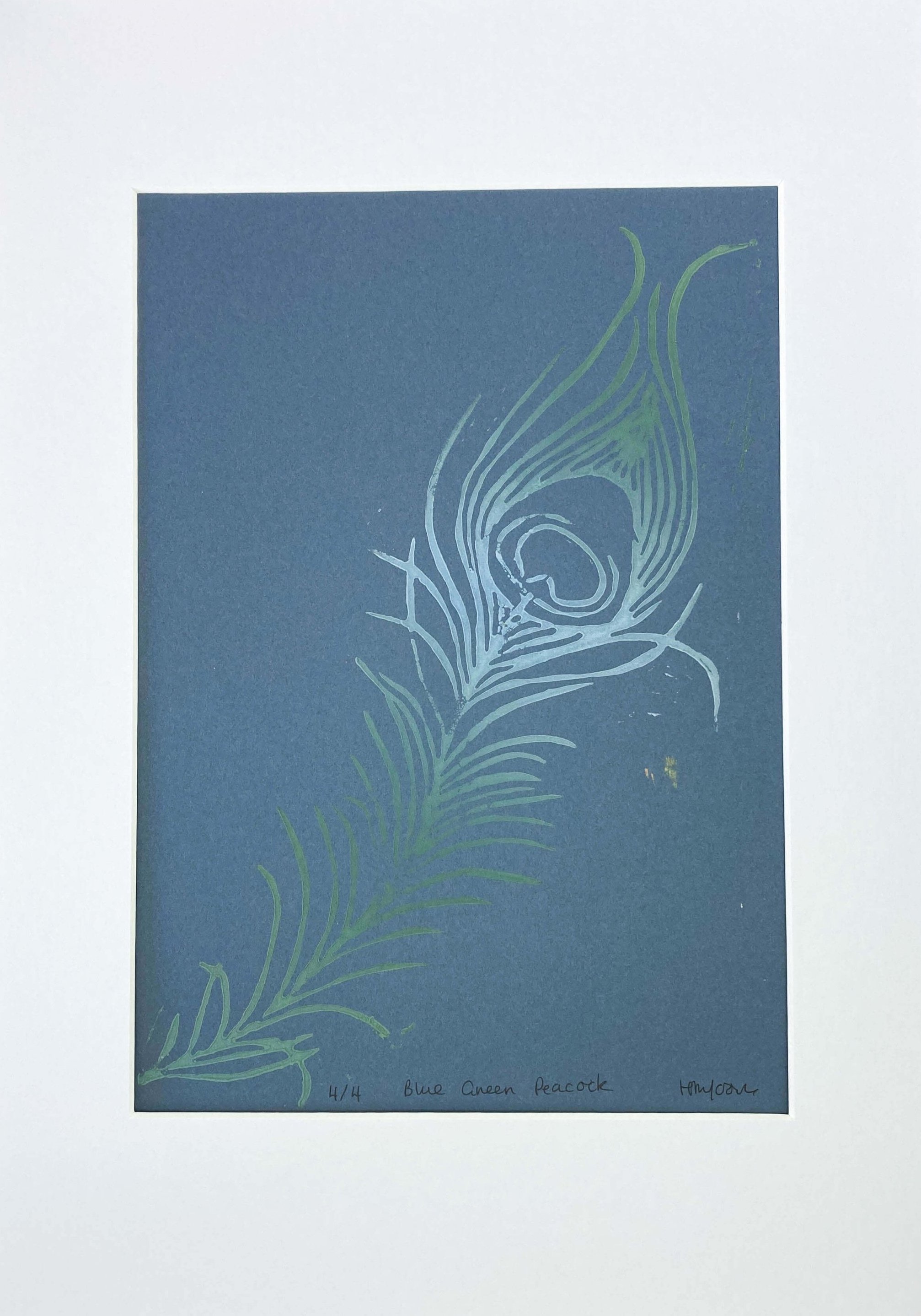 Limited edition peacock feather lino block print in green and blue ombre on blue paper (Copy)