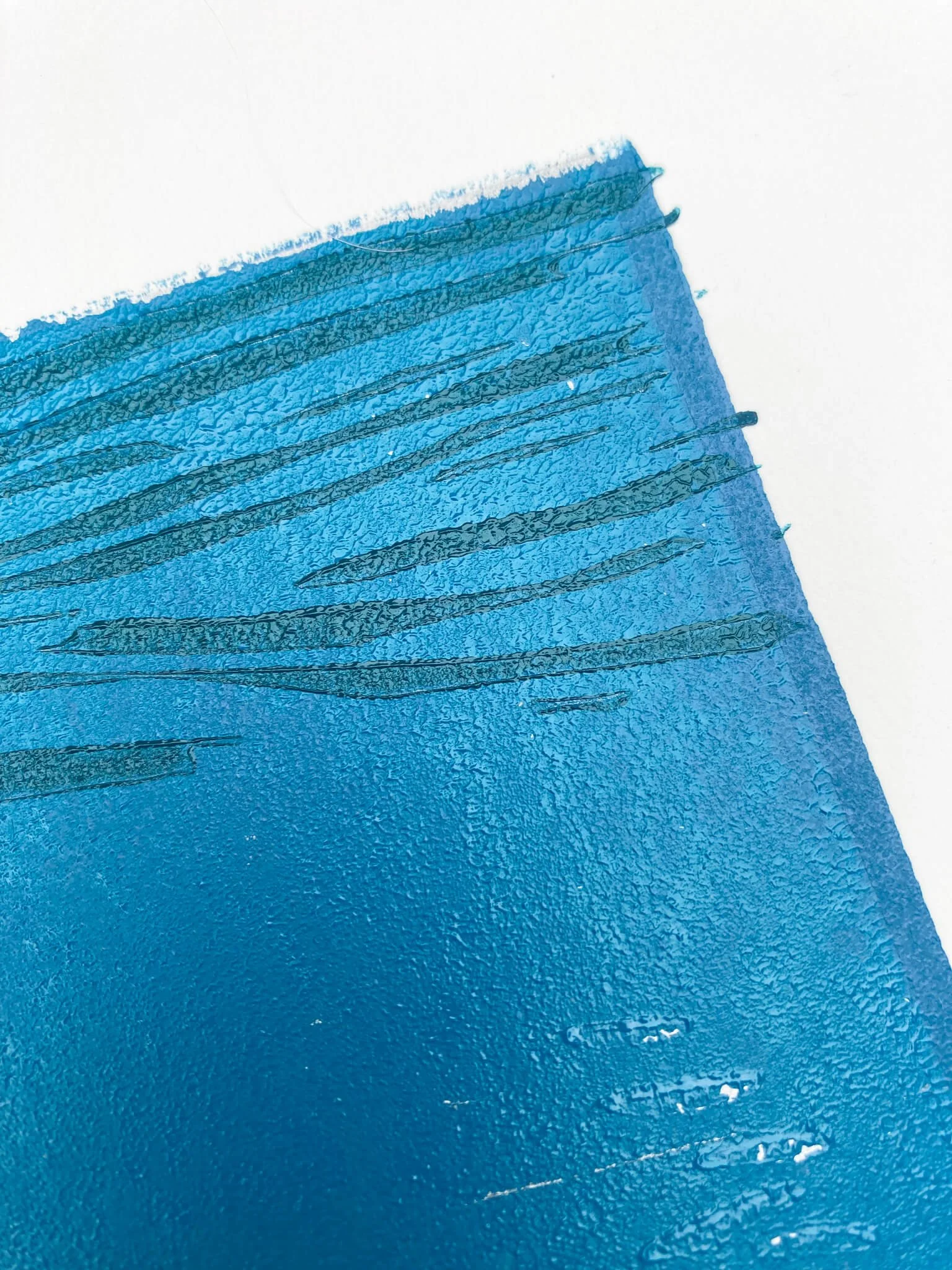 Close up of Happy Place seascape print for sale in turquoise, silver, and royal blue with teal flecks. (Copy)