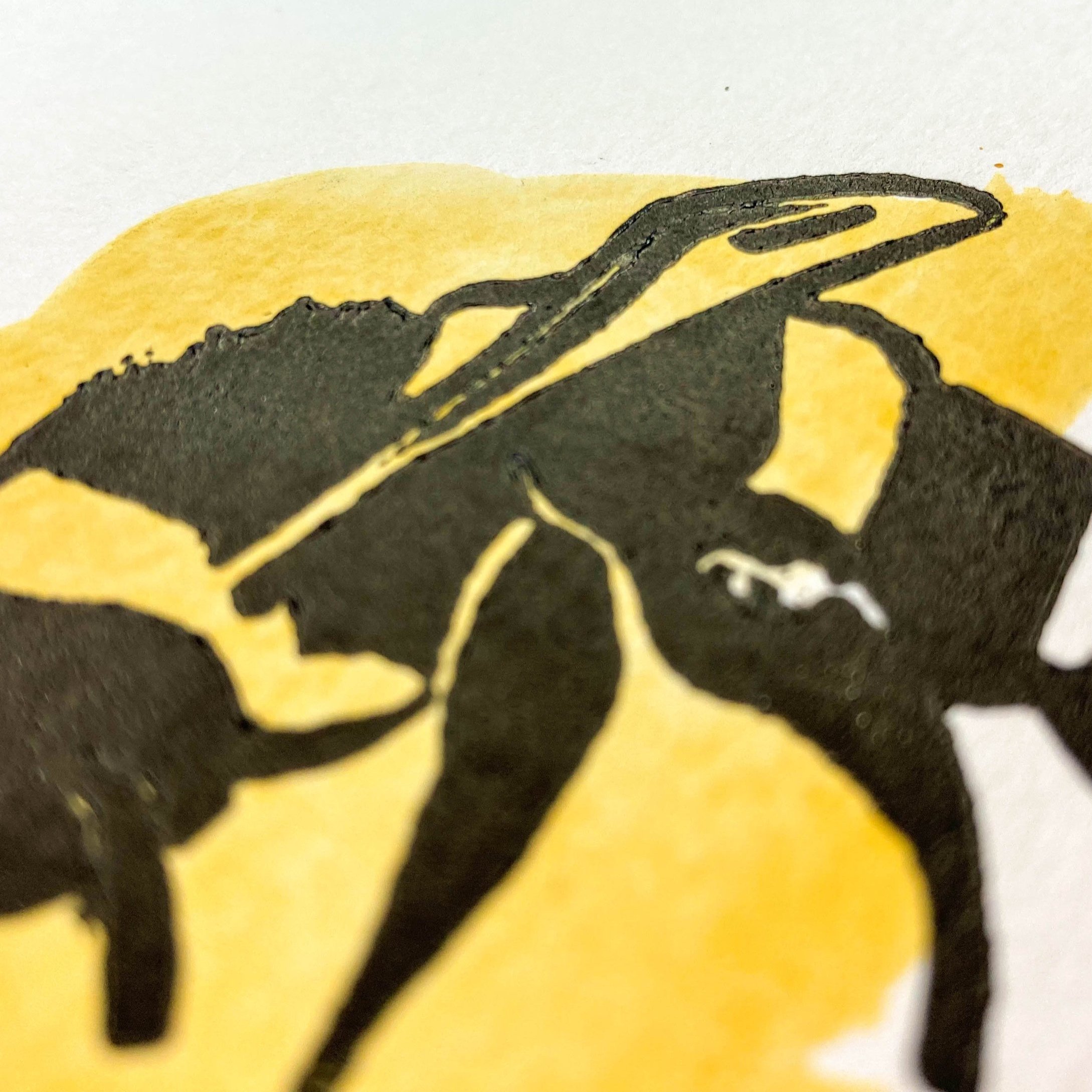 Close up of Miniature bee print - black ink on golden yellow watercolour (Copy)
