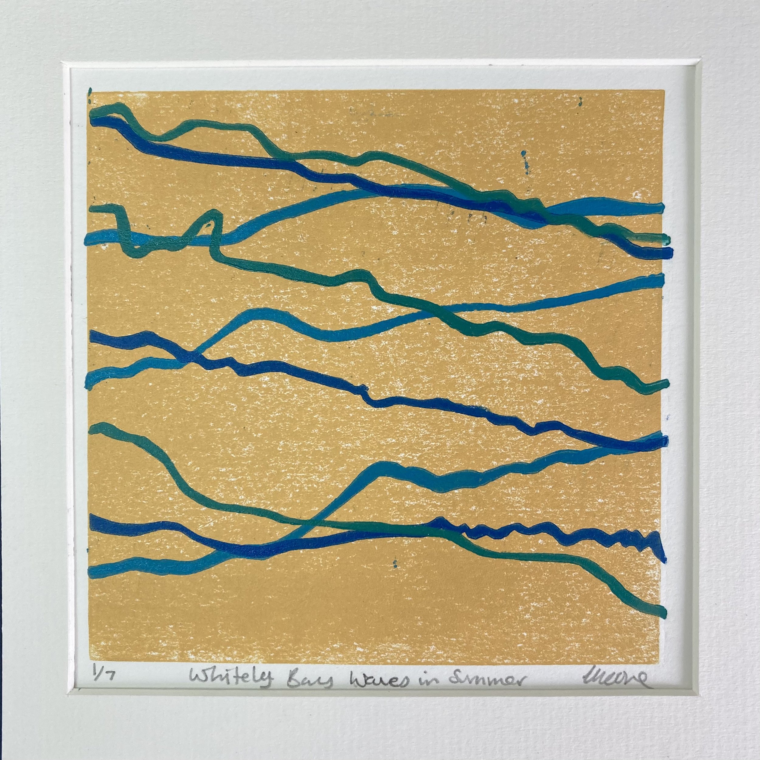 8x8 inch Summer Abstract Waves Print in ochre, teal and blues in a off white mount (Copy)