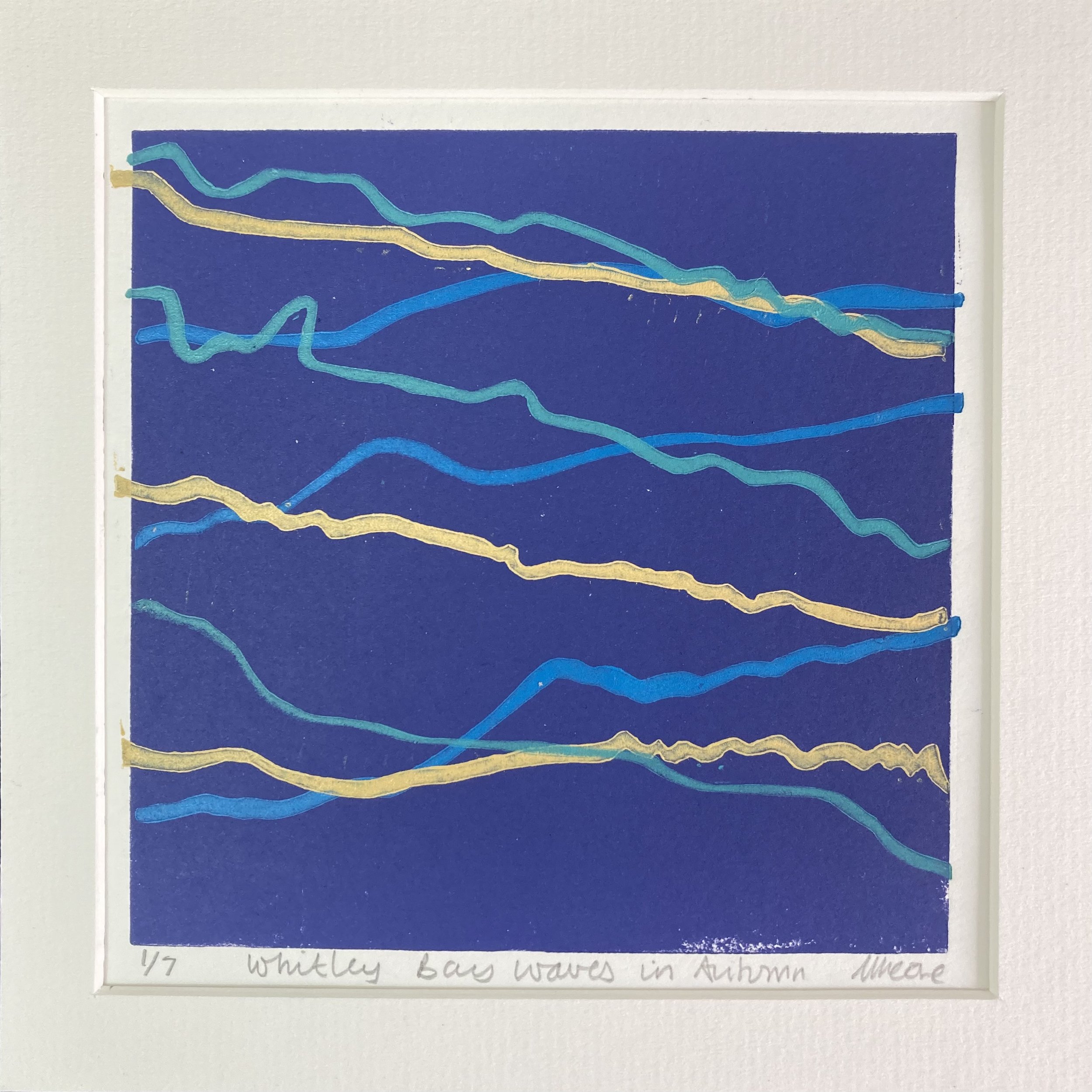 dusky purple print with ochre, navy and blue lino print mounted in off white (Copy)