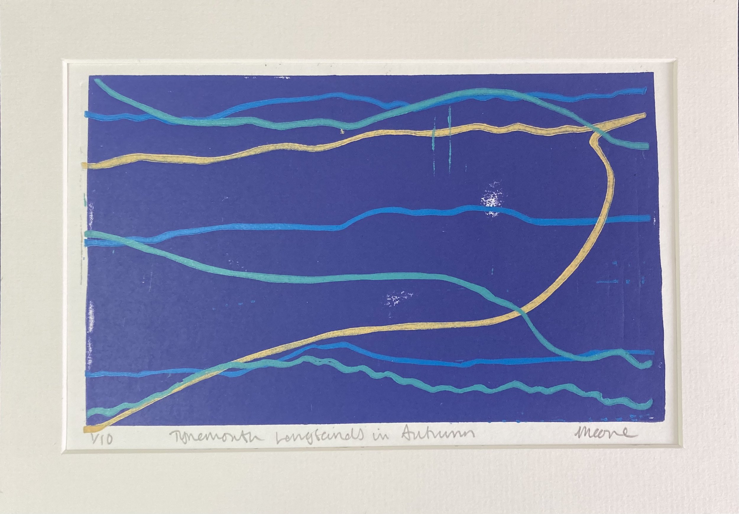 Tynemouth Longsands in Autumn, Abstract North Sea Linocut in Deep Purple, Cool Blue and Royal Blue in off white mount (Copy)