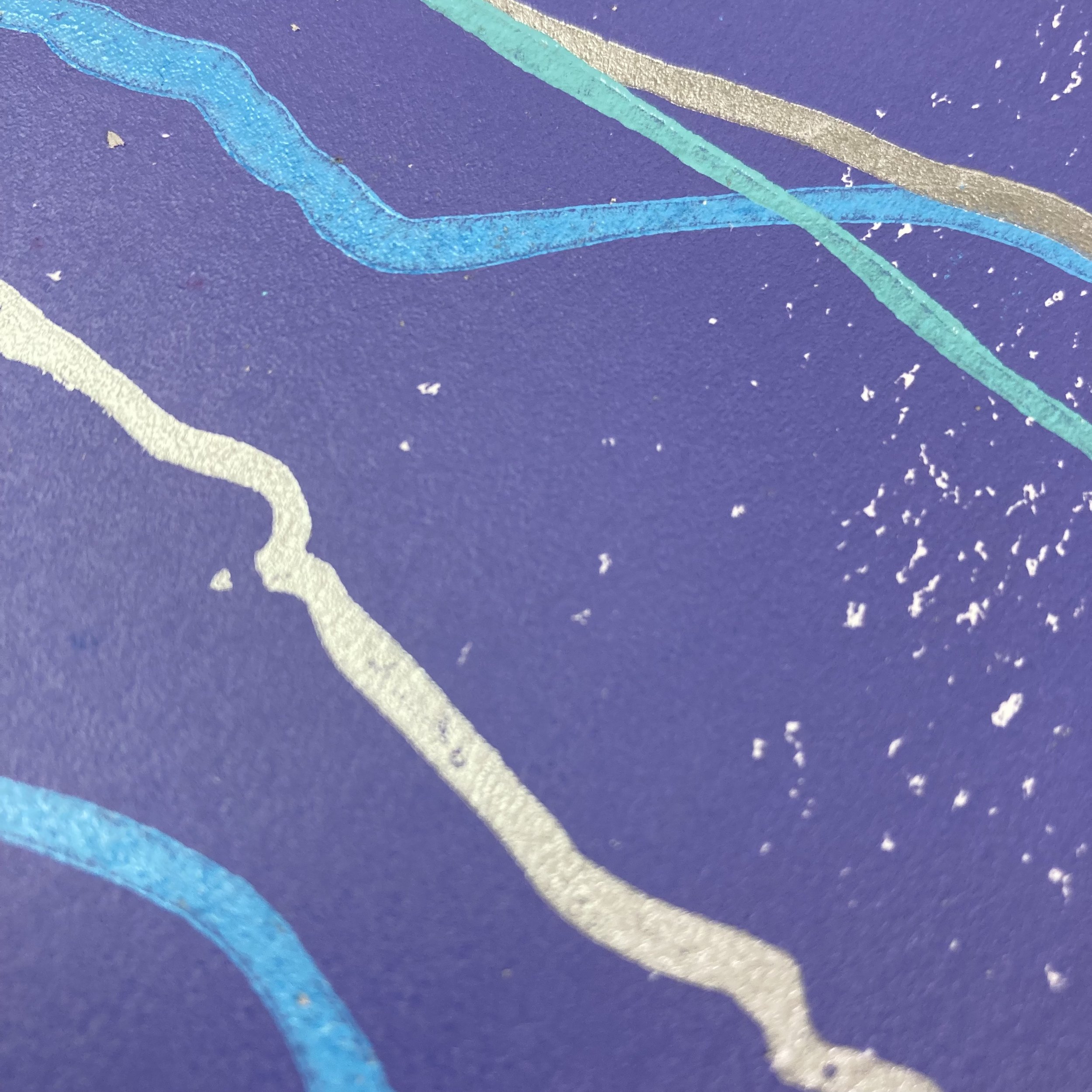 close up of the surface of Abstract Lino Print of Whitley Bay Waves in Winter, Layered Artwork in Deep Lilac, Cornflower Blue, Mint Green and Silver Inks (Copy)