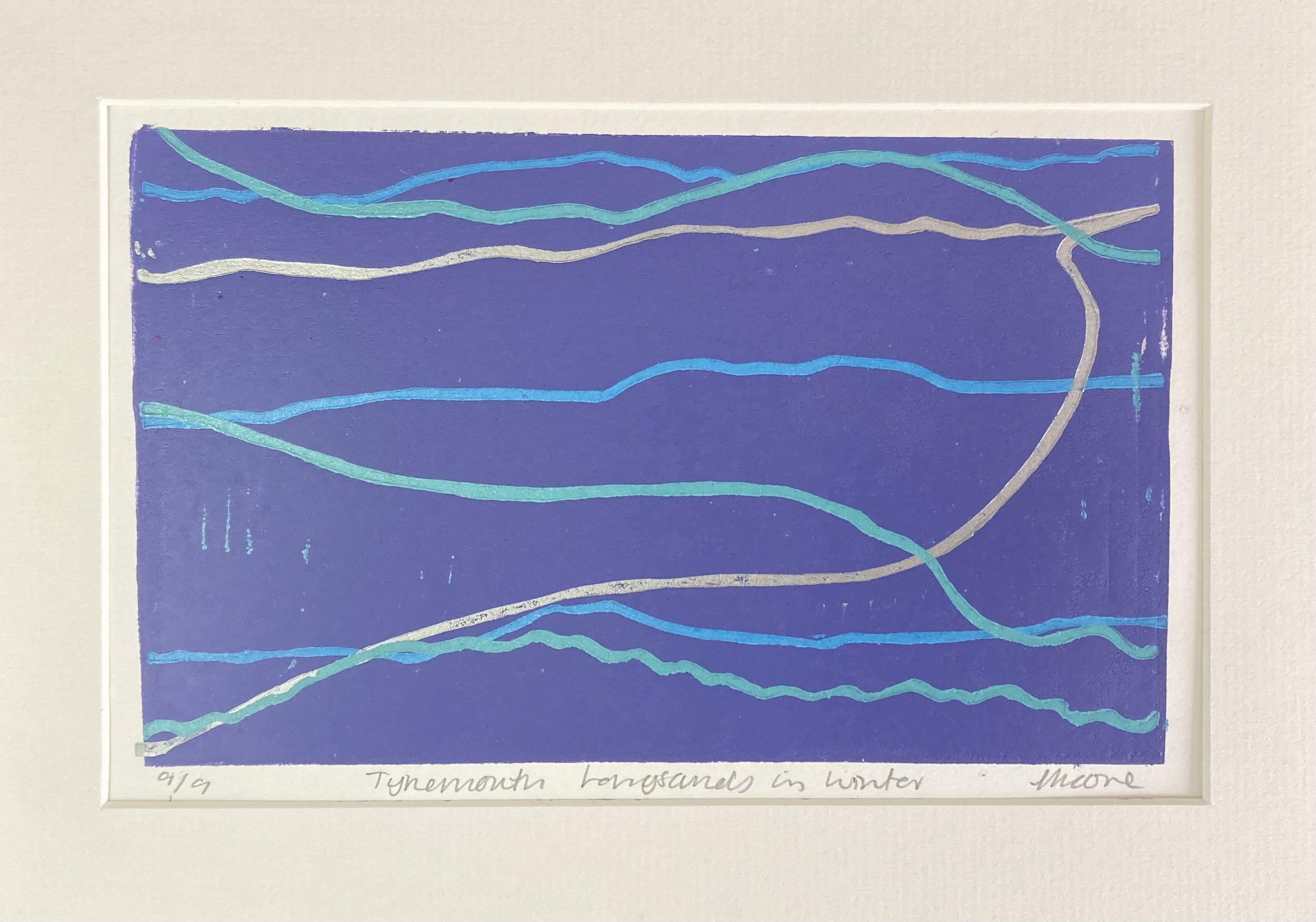 Abstract Linocut of Tynemouth Longsands in Winter, Layered Artwork in Lavender, Cornflower Blue, Mint Green and Silver Inks mounted in off white (Copy)