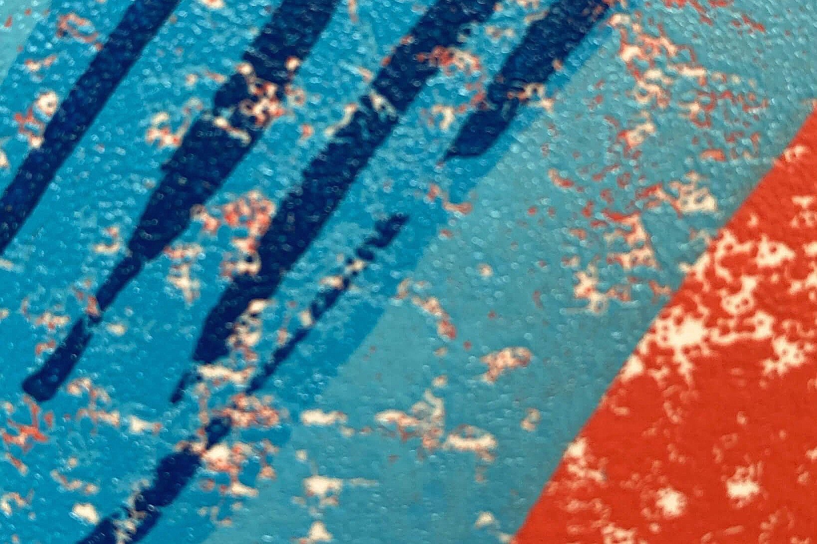 Close up of the layered blues against the tangerine orange sky: Rush Tidal Wave Print in 5 blues and blended tangerine orange and lemon yellow